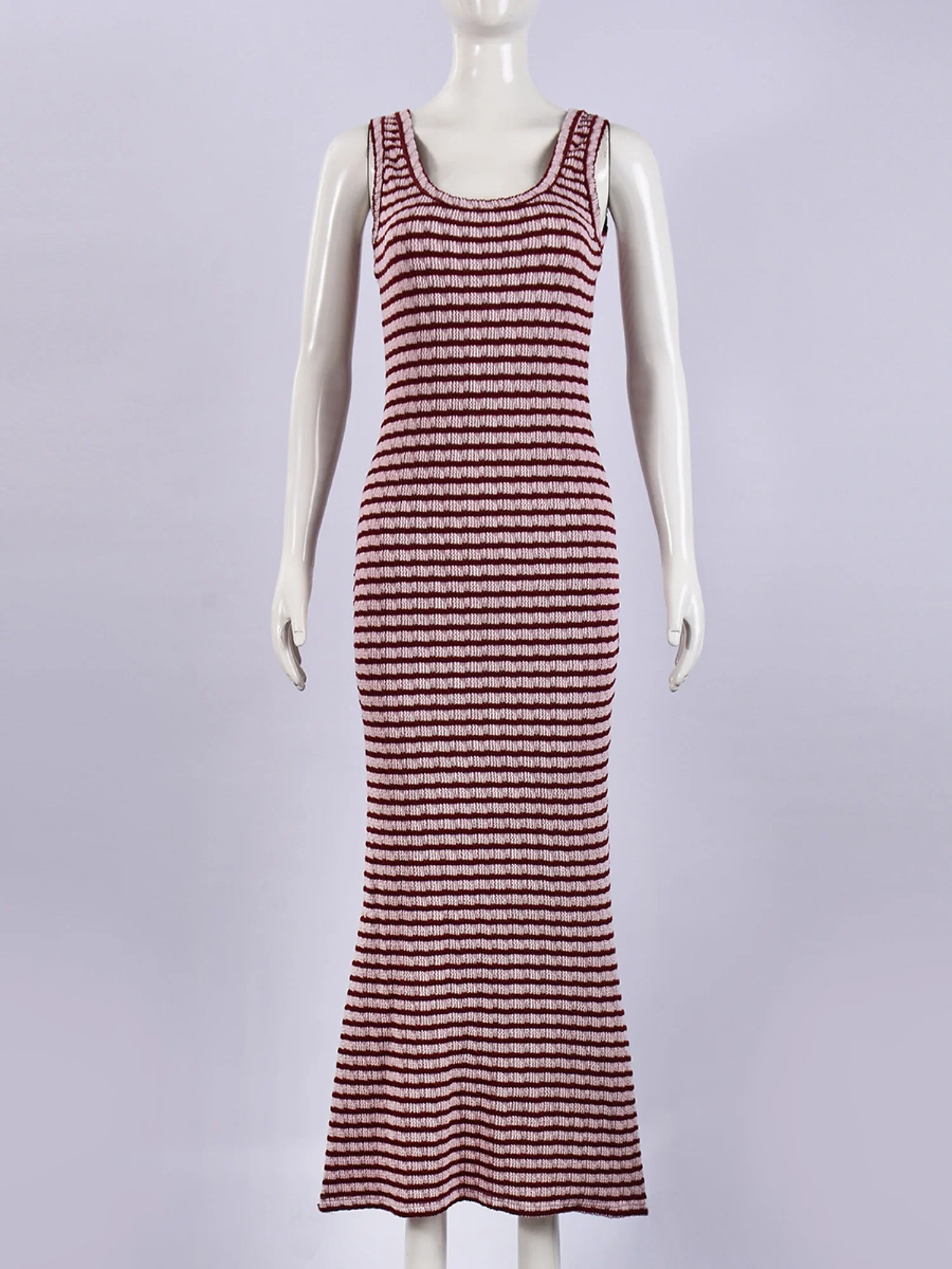 Striped Color Blocking Asymmetrical Neckline And Sleeveless Maxi Dresses - Image 5