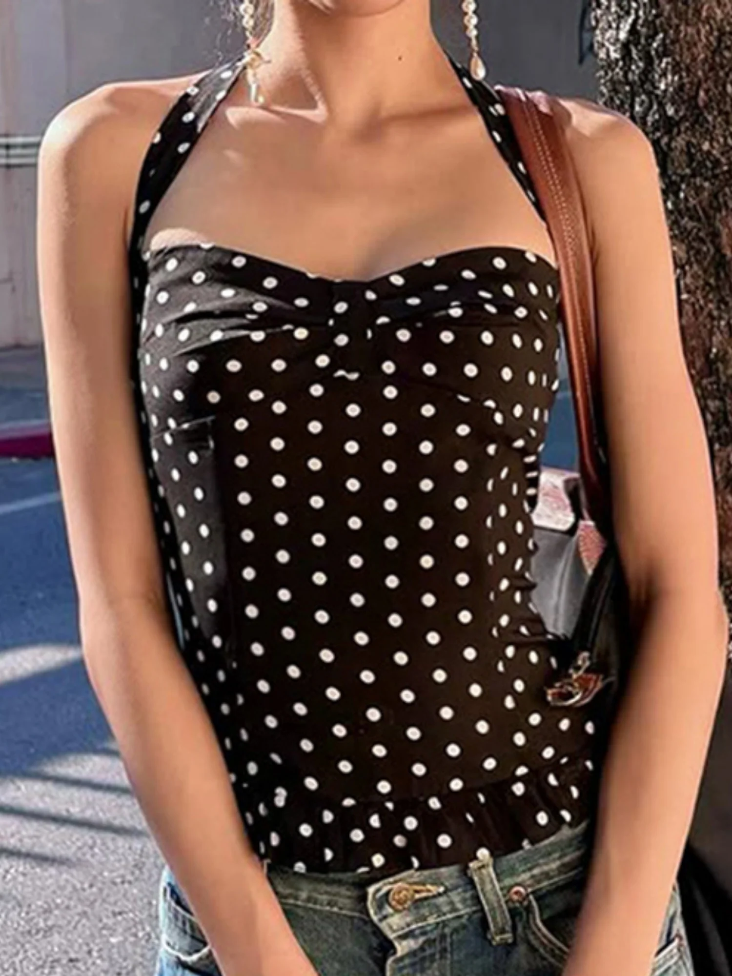 Polka Dots Wavy Lace Chest Pleats Neck Strap Tank Tops&Camis - Image 6