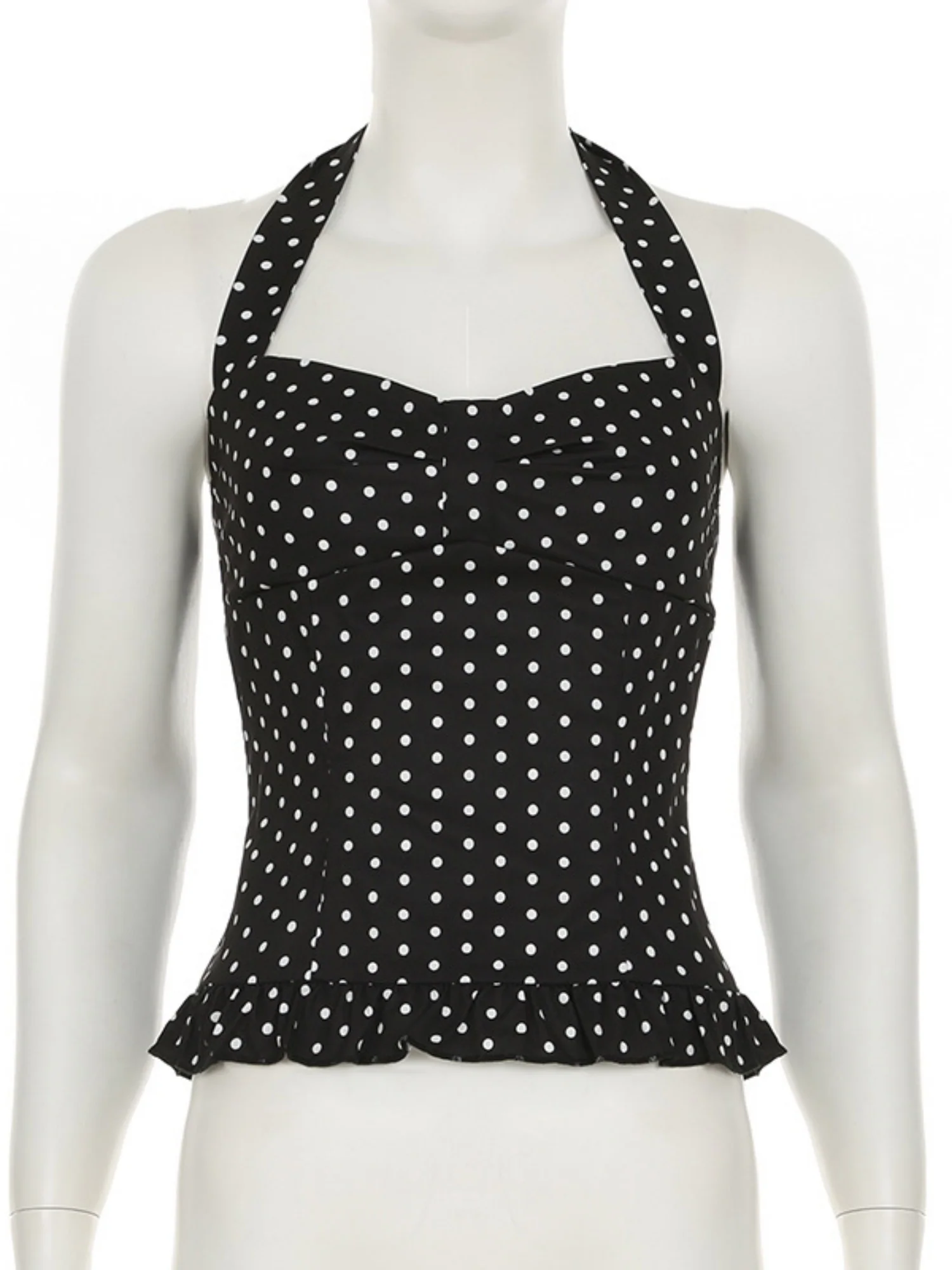 Polka Dots Wavy Lace Chest Pleats Neck Strap Tank Tops&Camis - Image 9