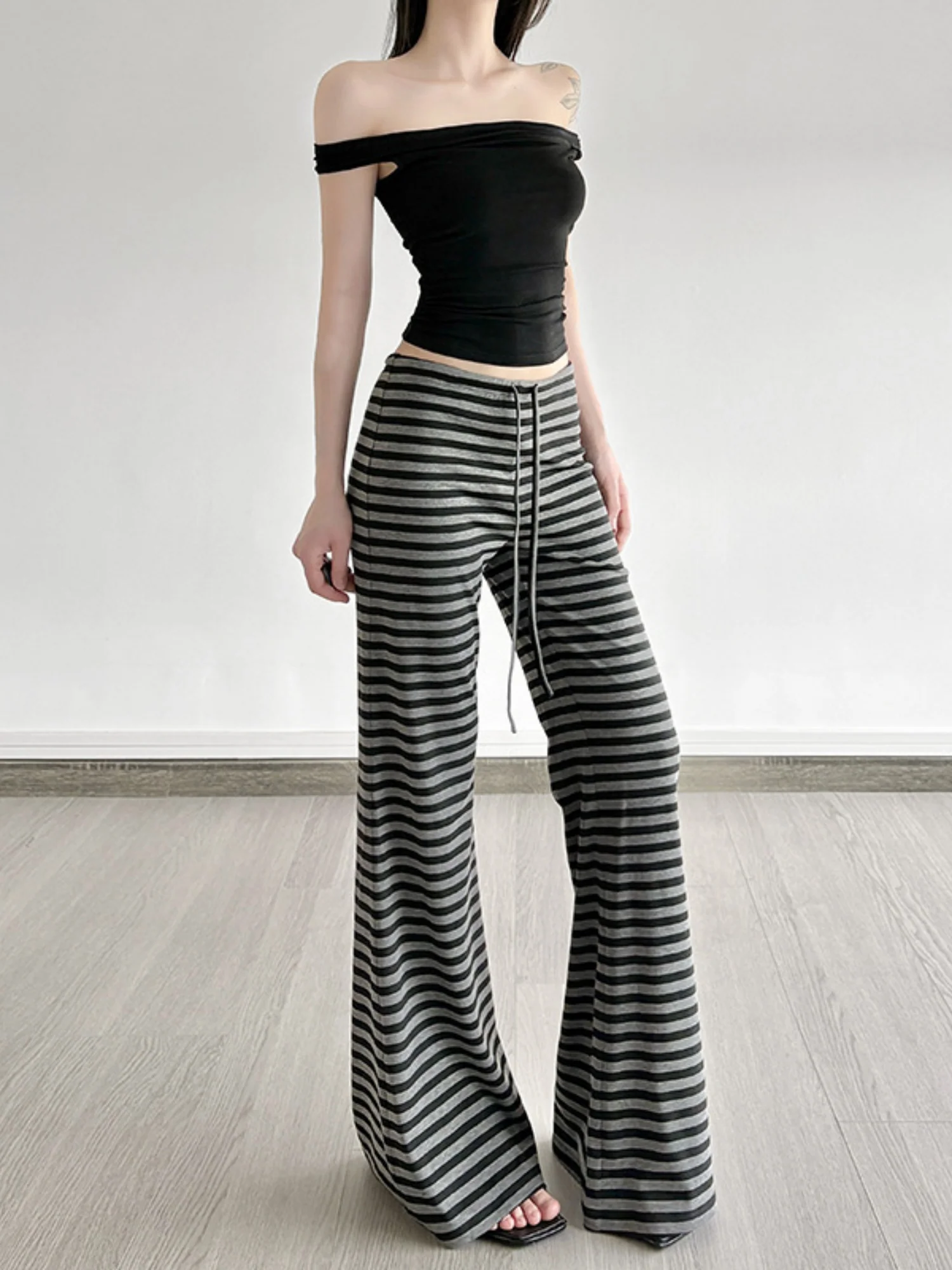 Striped Color Blocking Straps Flared Pants - Image 2
