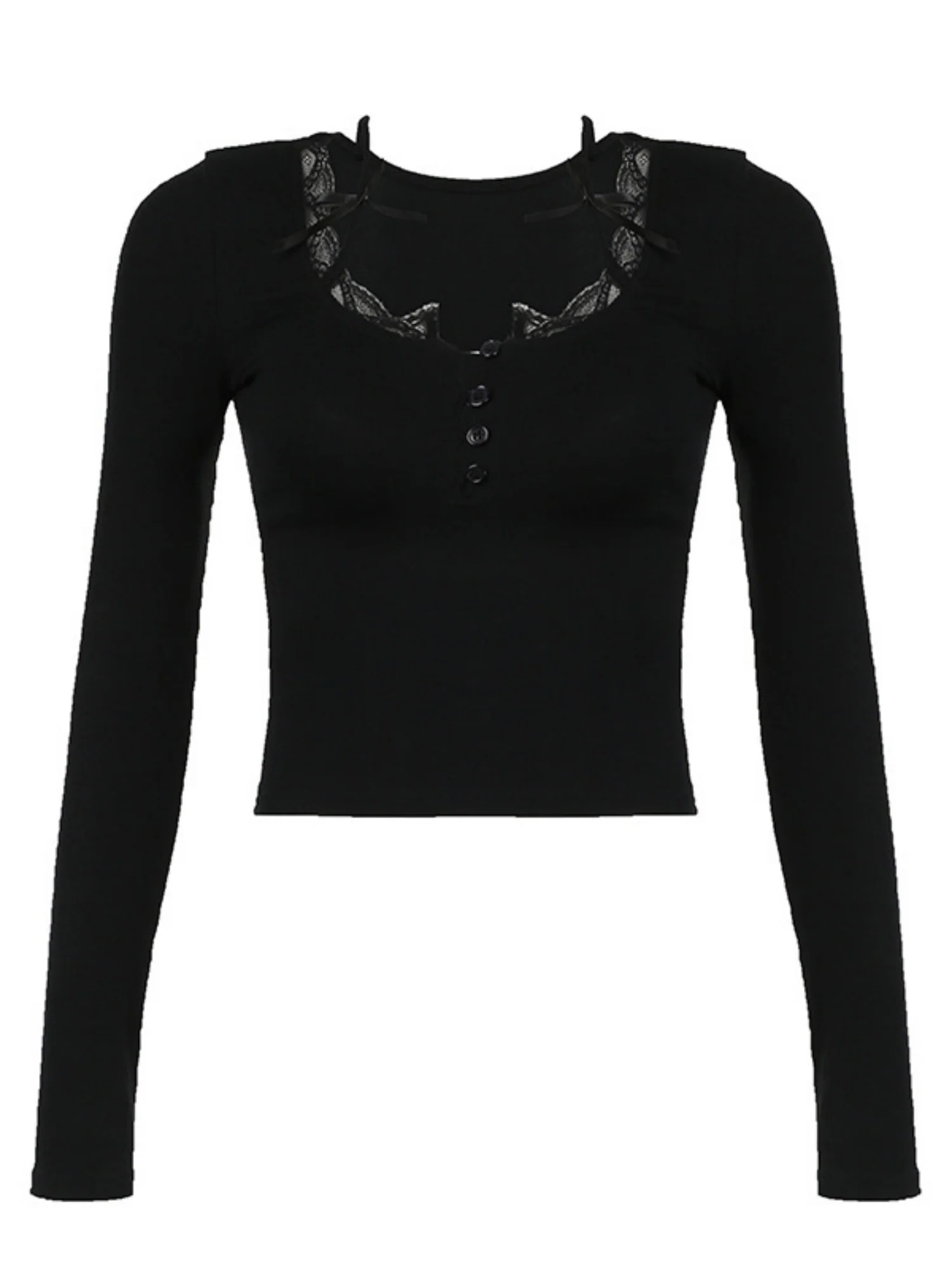 Lace Trim Square Neck Long-sleeved Top Button-down Halter Neck Tank Top - Image 4