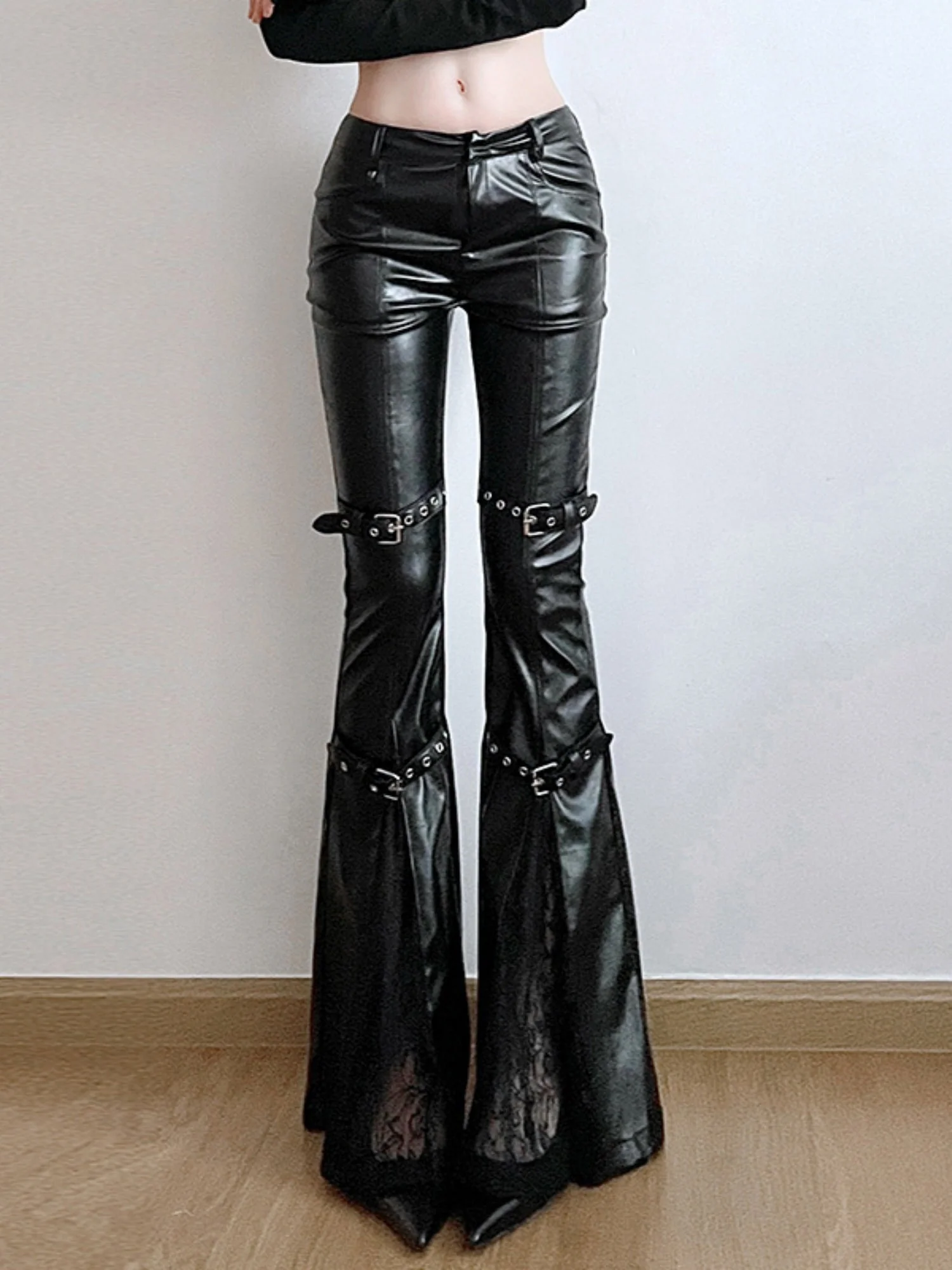 Leather Lace Patchwork Eyelet Buckle Low-rise Bell-bottoms Pants - Image 3