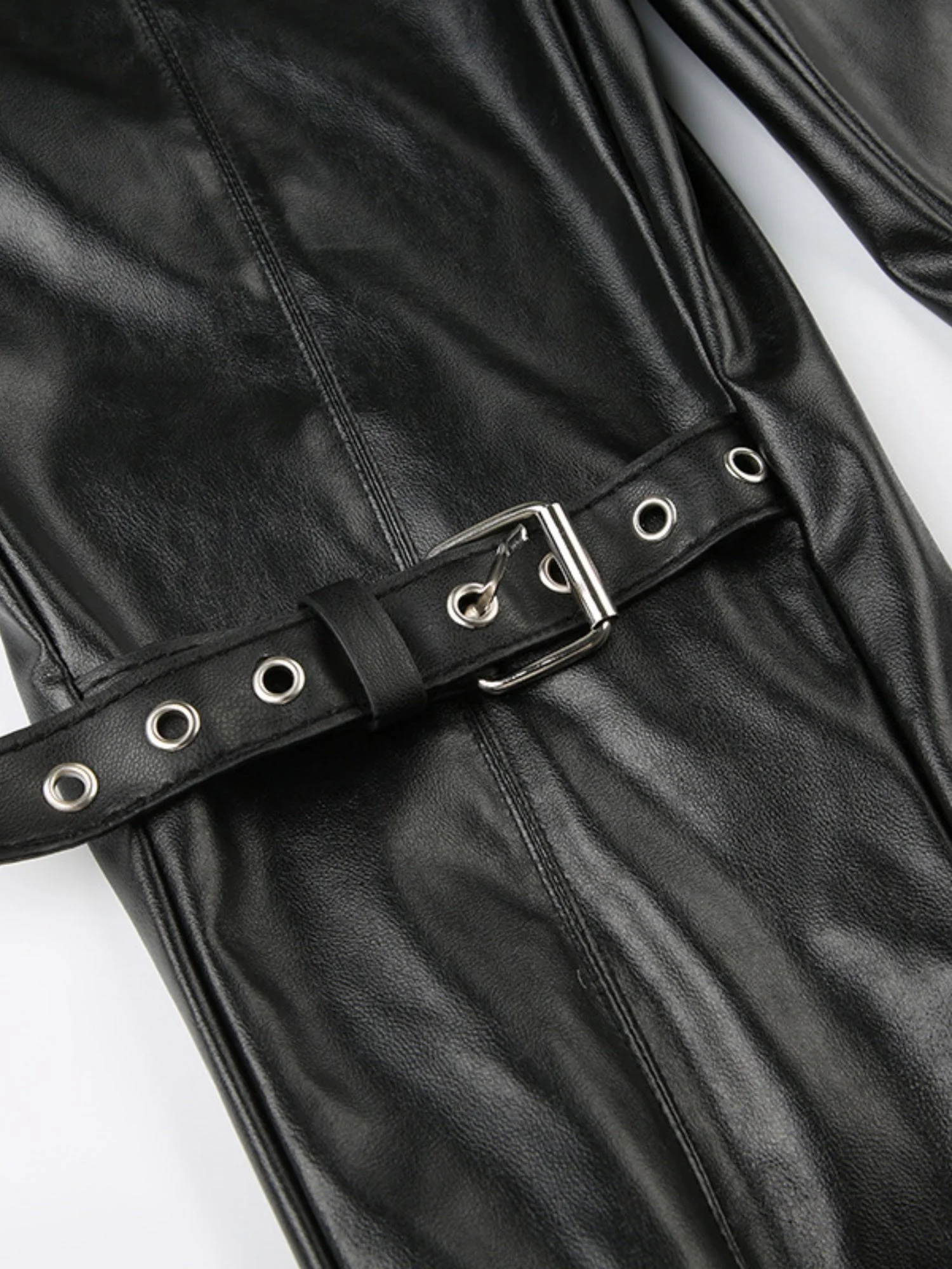 Leather Lace Patchwork Eyelet Buckle Low-rise Bell-bottoms Pants - Image 4