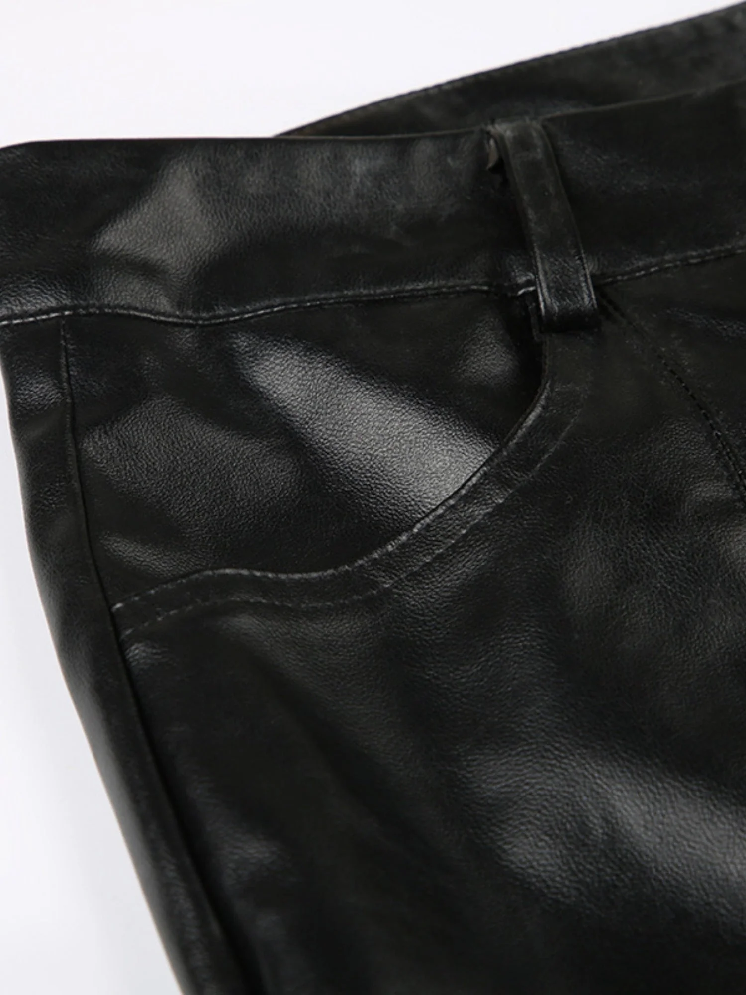 Leather Lace Patchwork Eyelet Buckle Low-rise Bell-bottoms Pants - Image 5