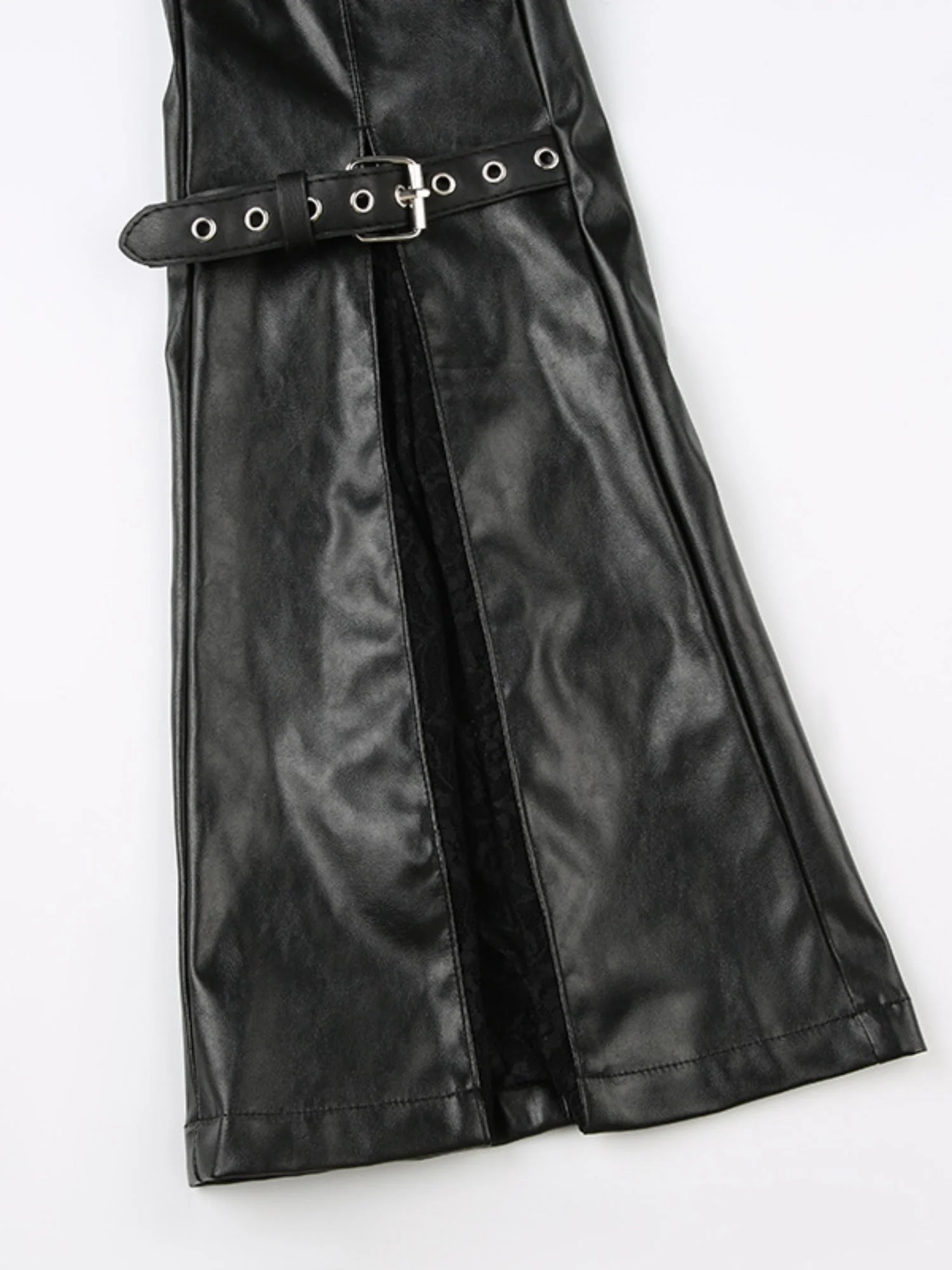 Leather Lace Patchwork Eyelet Buckle Low-rise Bell-bottoms Pants - Image 6