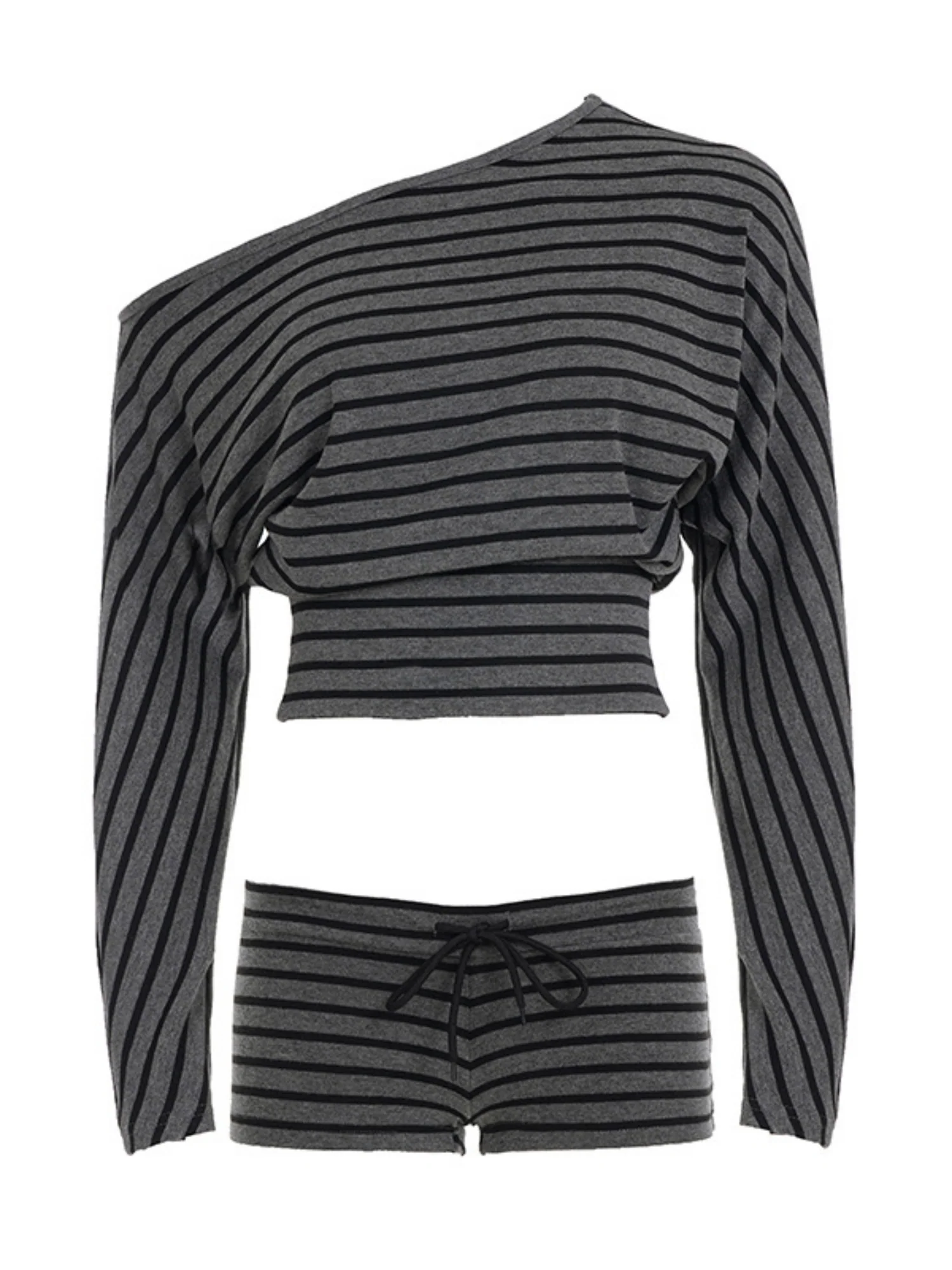 Striped Color Blocking Off-shoulder Long-sleeved T-shirt Slim-fit Shorts 2-piece Sets - Image 5