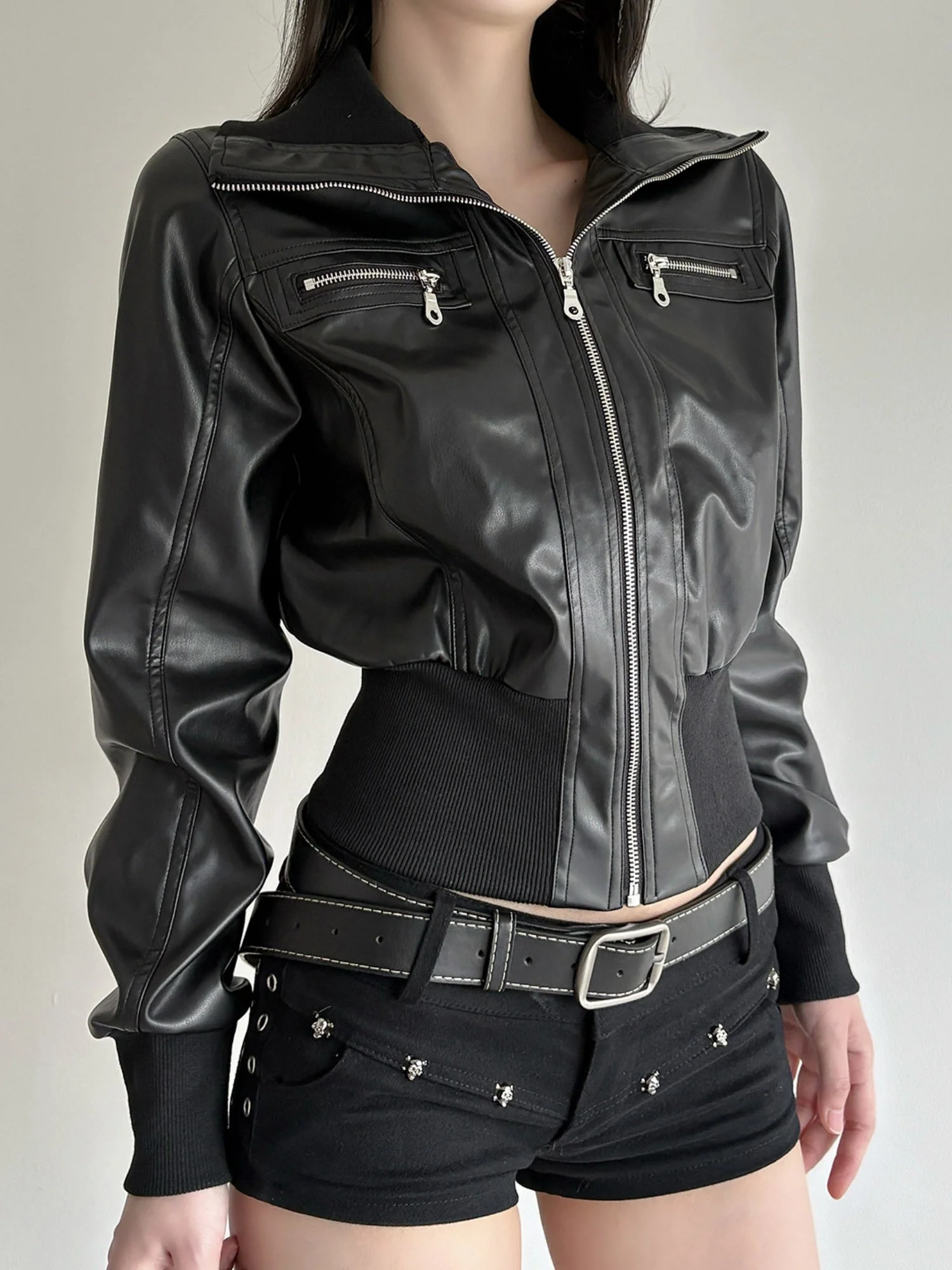 PU Leather Lapel Pocket Patchwork Slim Fit Jackets - Image 2