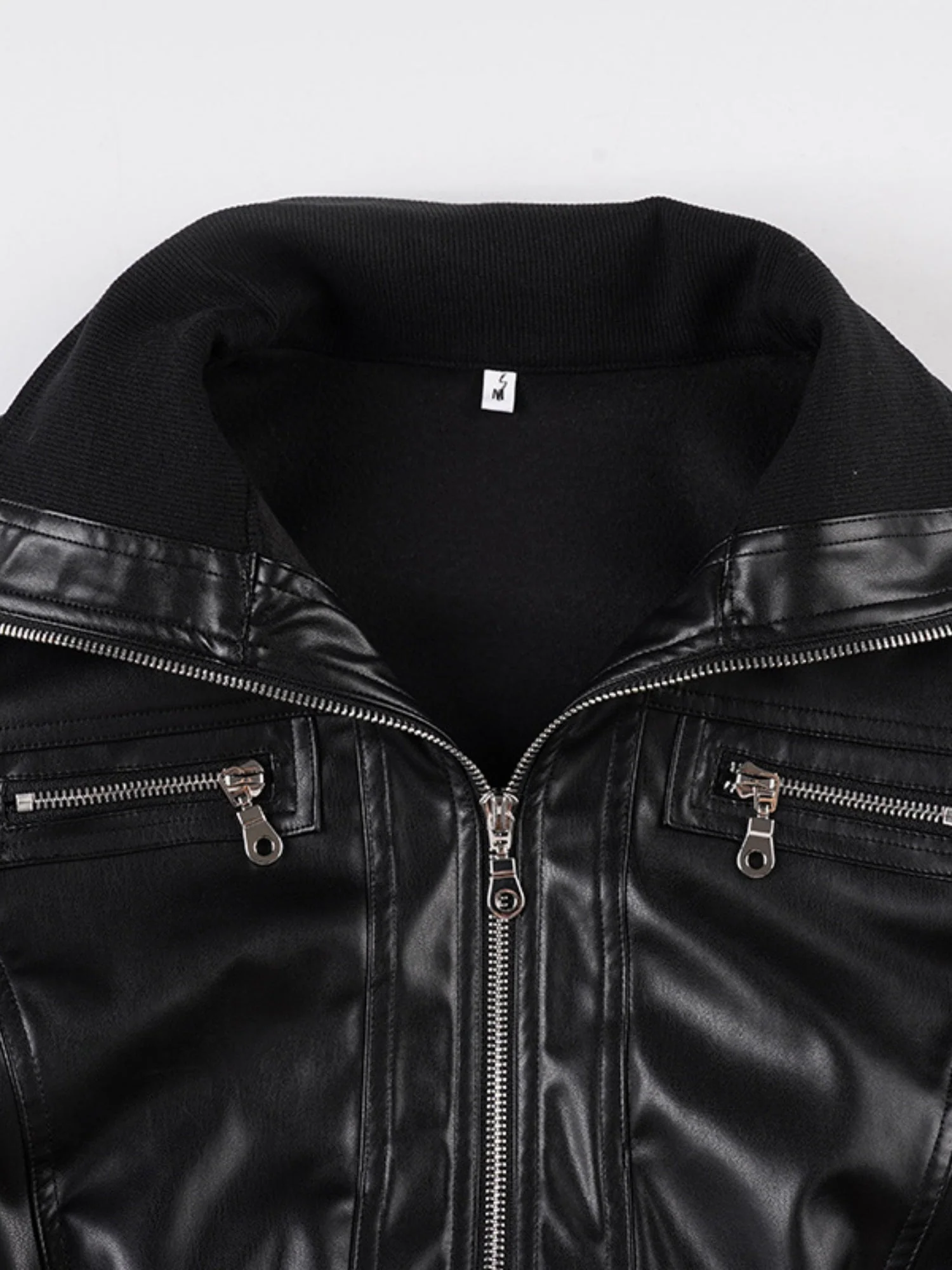 PU Leather Lapel Pocket Patchwork Slim Fit Jackets - Image 5