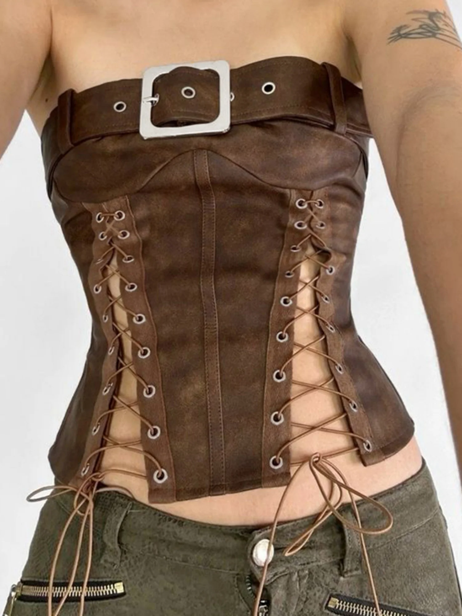 PU Leather Openwork Straps Metal Buckle Bra Strapless Vest - Image 2
