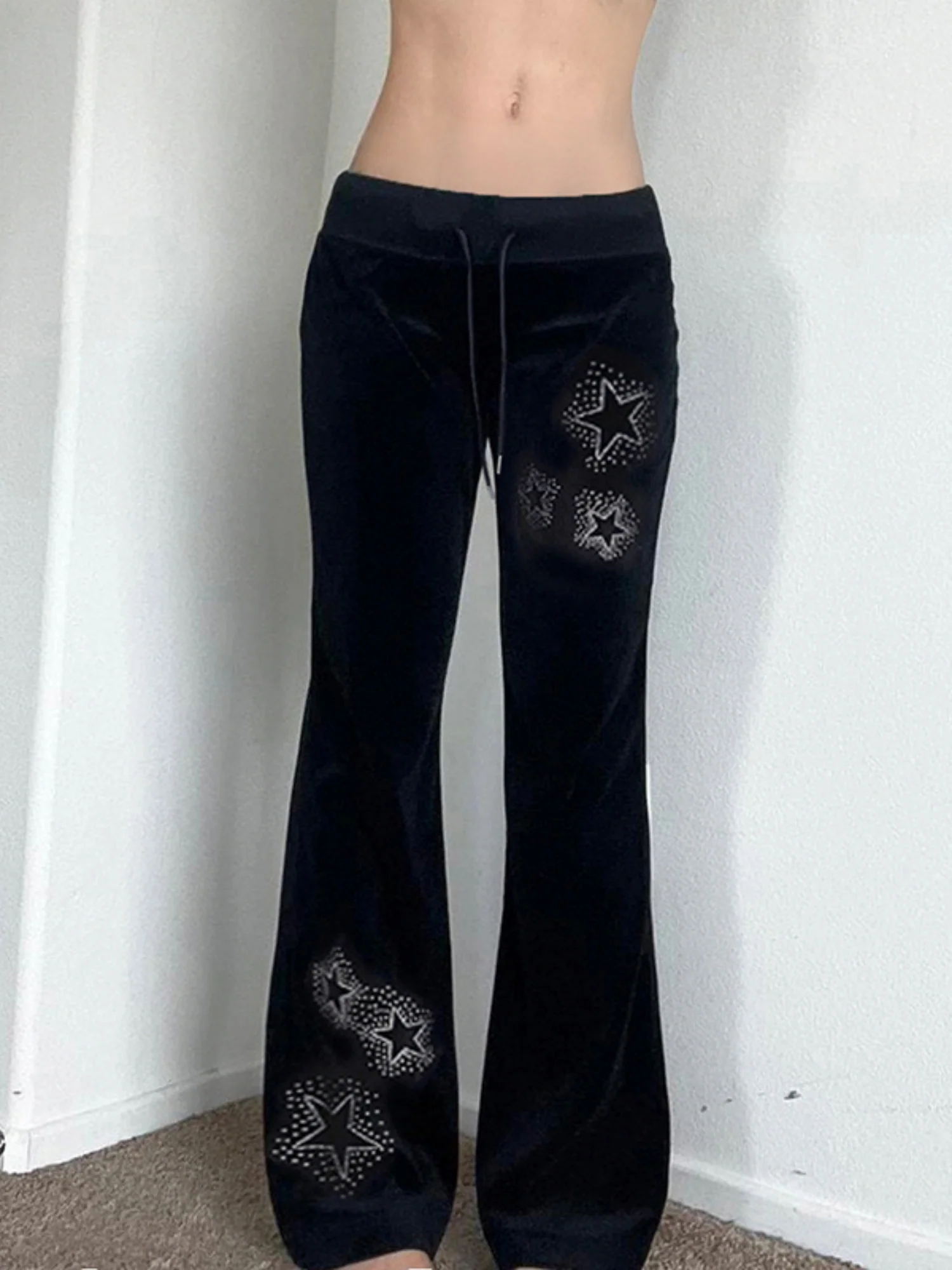 Star Rhinestones Ribbed Waistband Drawstring Low Waist Velvet Flared Pants