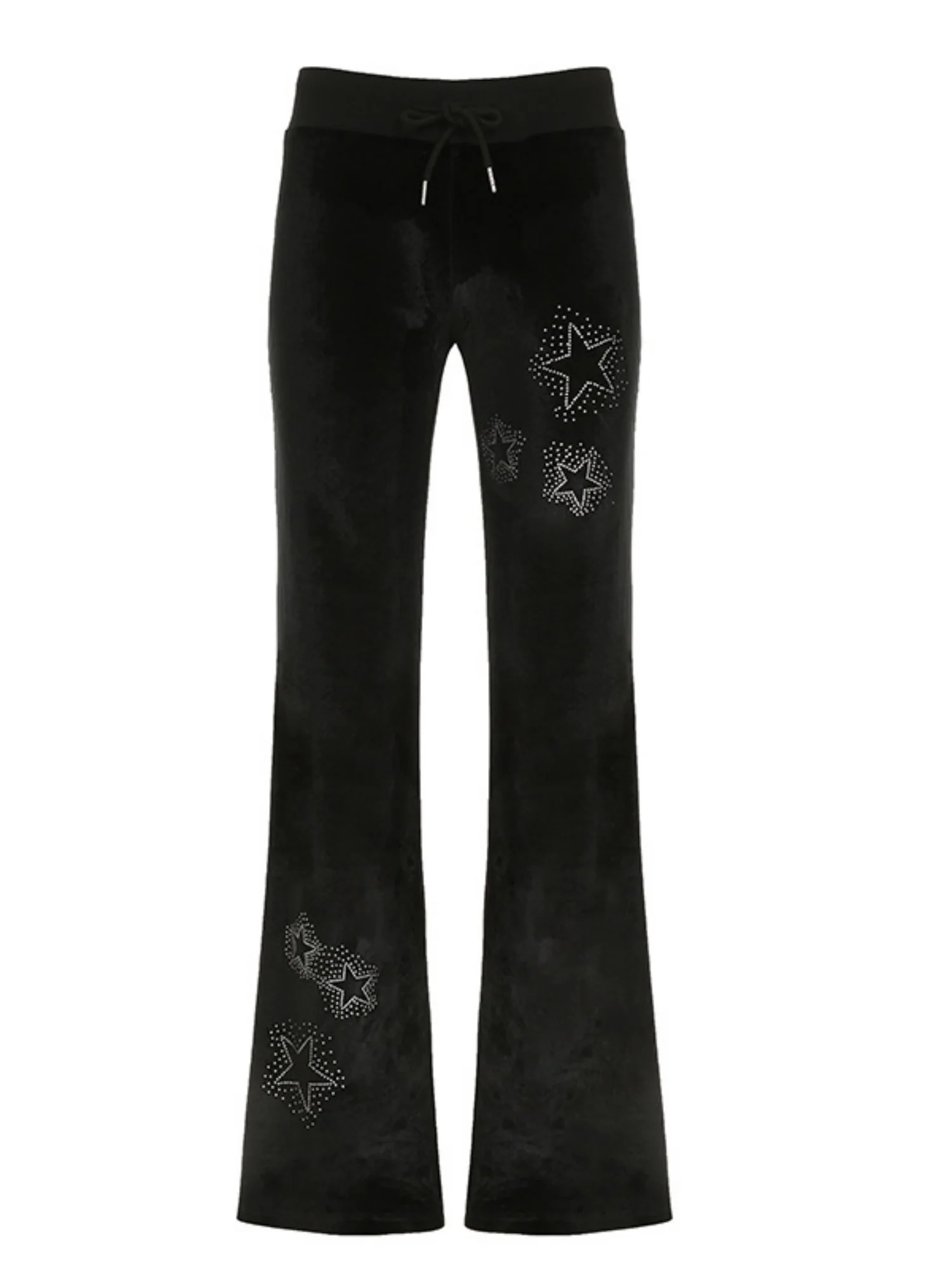Star Rhinestones Ribbed Waistband Drawstring Low Waist Velvet Flared Pants - Image 5