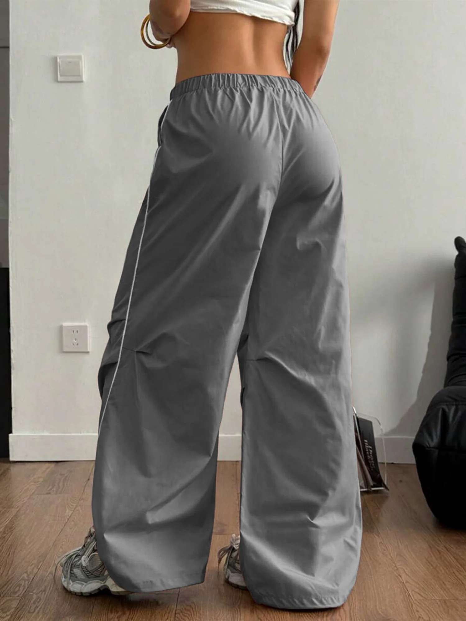 Striped Color Blocking Embroidery Elastic Waistband Drawstring Pocket Pants - Image 2