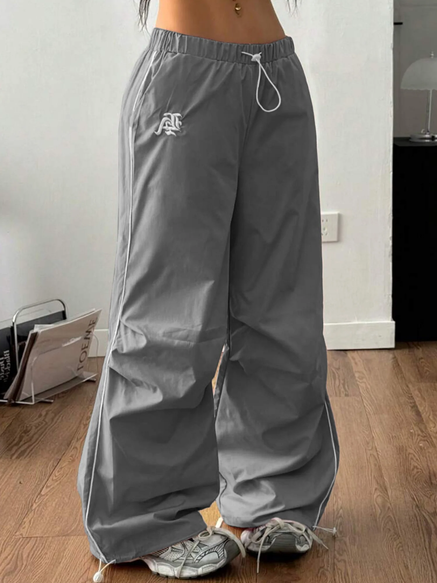 Striped Color Blocking Embroidery Elastic Waistband Drawstring Pocket Pants - Image 4
