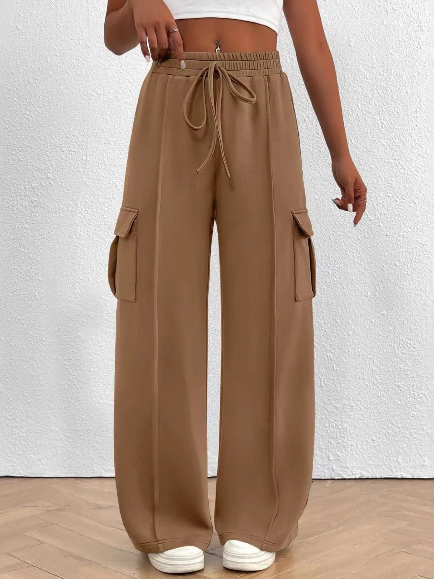 Elastic Waistband Lace Up Pocket Cargo Trousers - Image 11