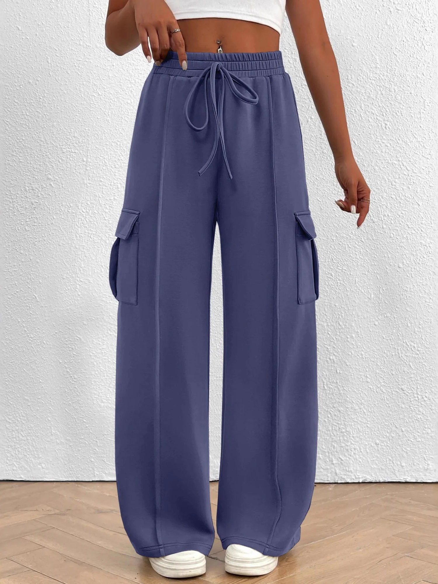 Elastic Waistband Lace Up Pocket Cargo Trousers - Image 12