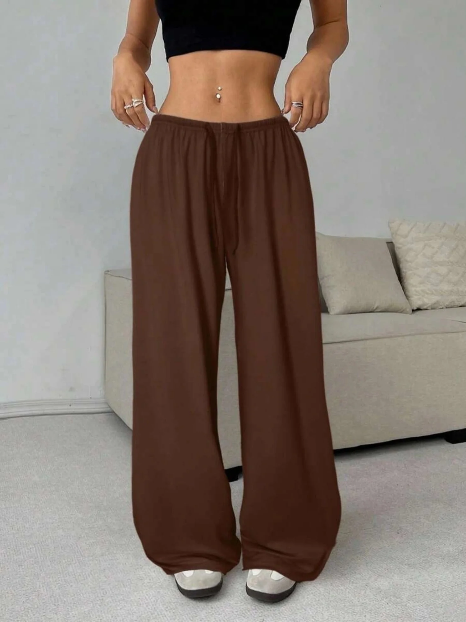 Elastic Waistband Lace Up Wide-leg Pants - Image 10