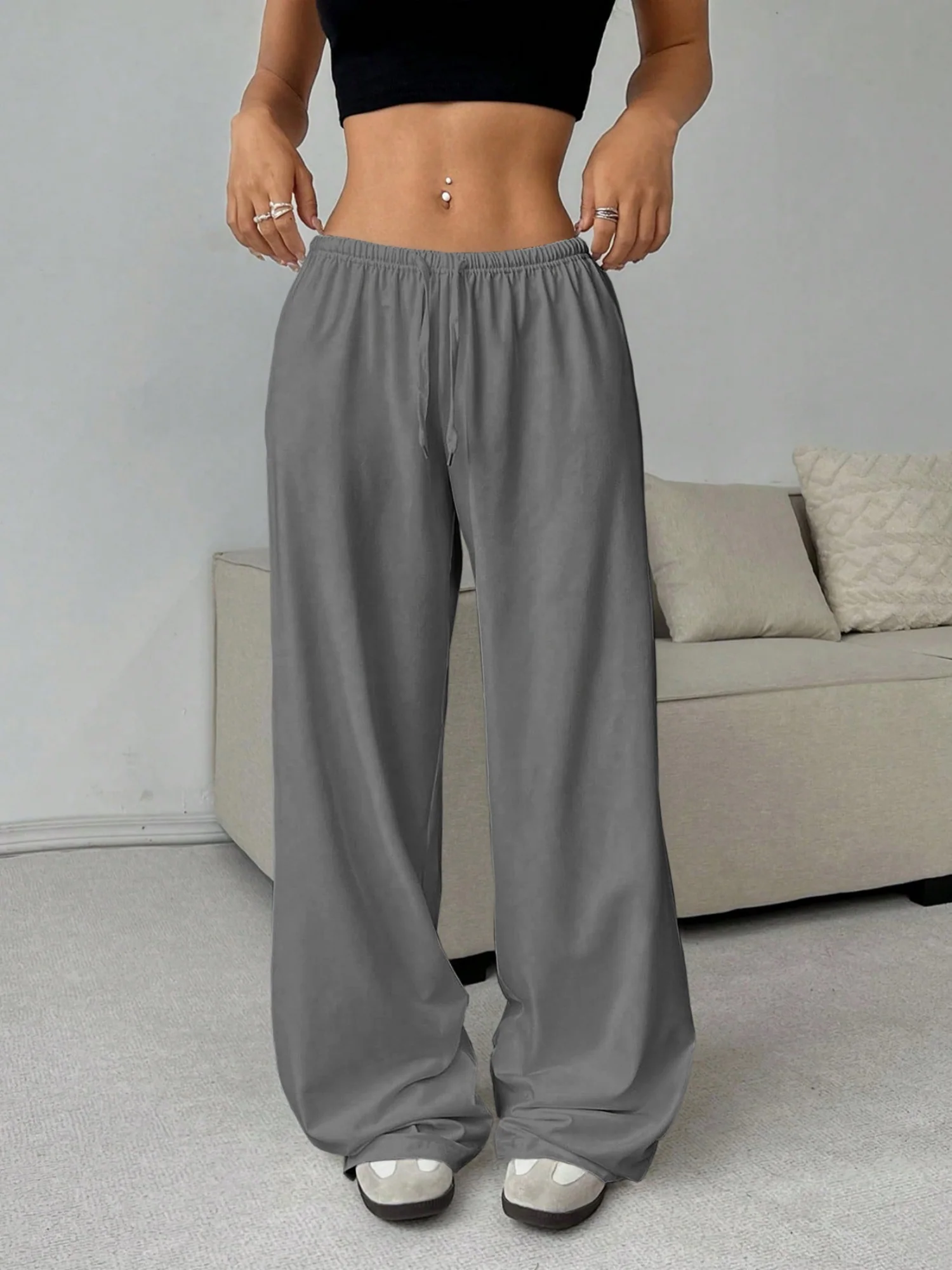 Elastic Waistband Lace Up Wide-leg Pants - Image 8