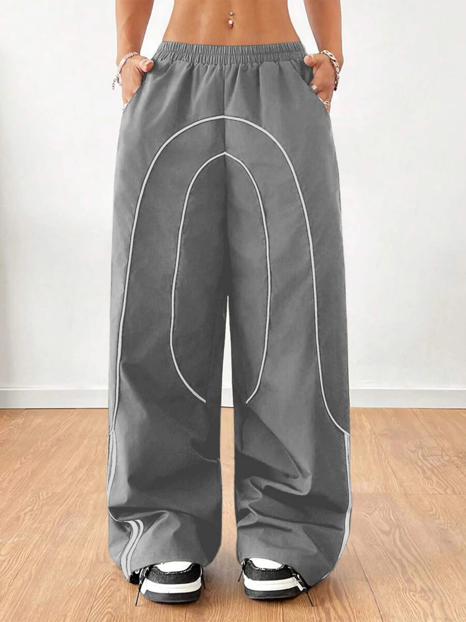 Color-blocked Elastic Waistband Pocket Wide-leg Trousers - Image 5