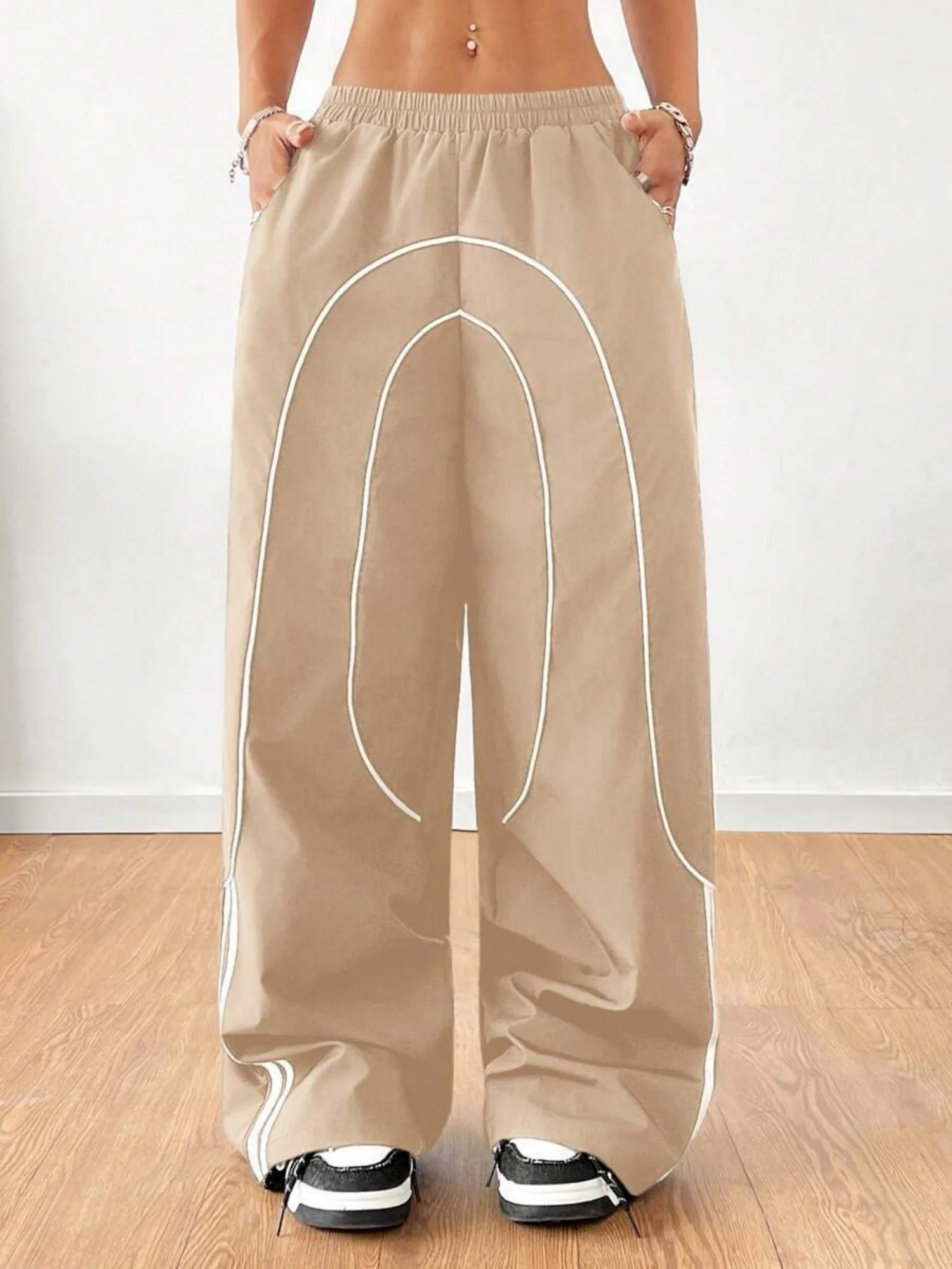 Color-blocked Elastic Waistband Pocket Wide-leg Trousers - Image 6