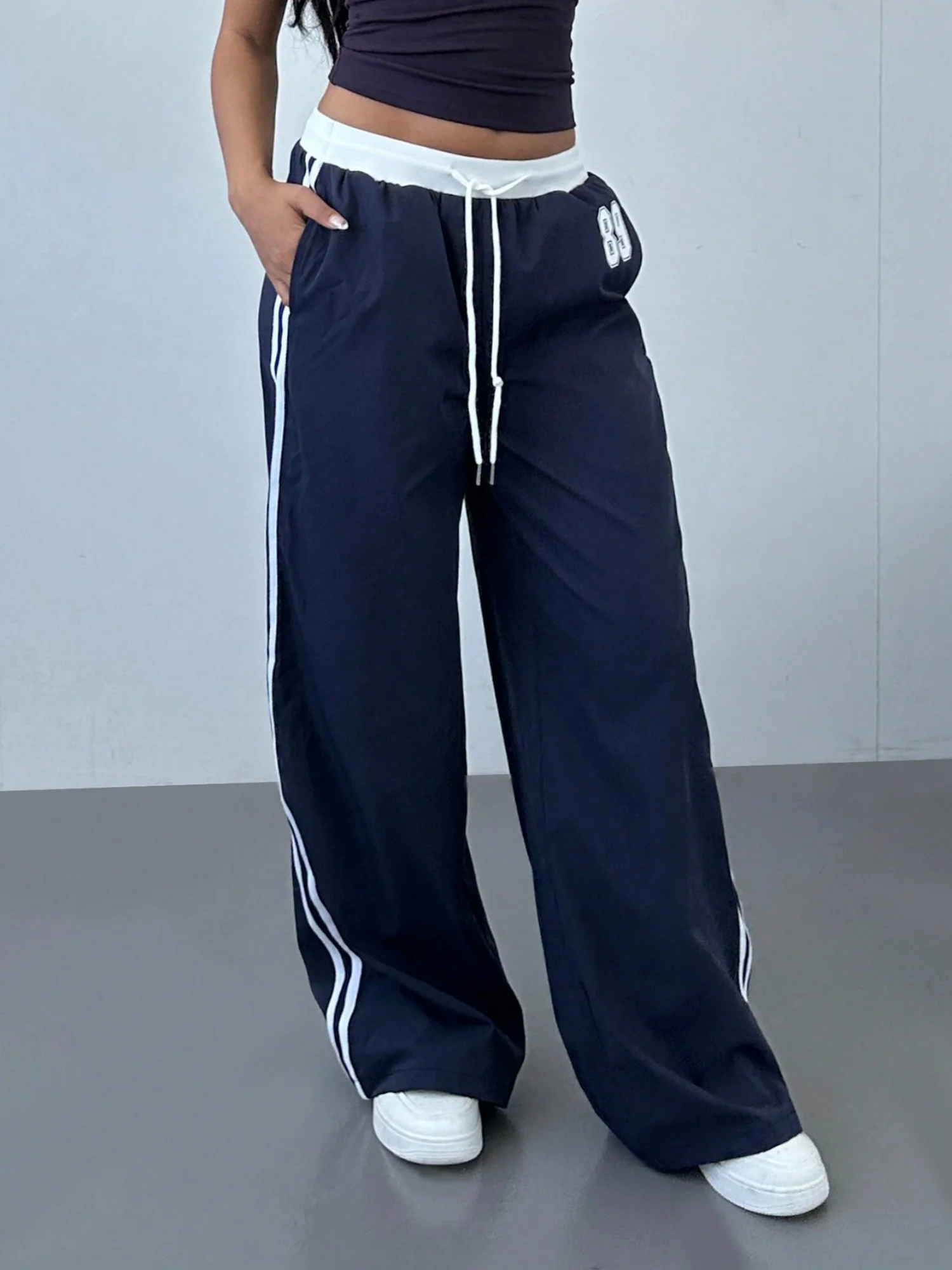 Striped Color Blocking Elastic Waistband Lace Up Pants - Image 3