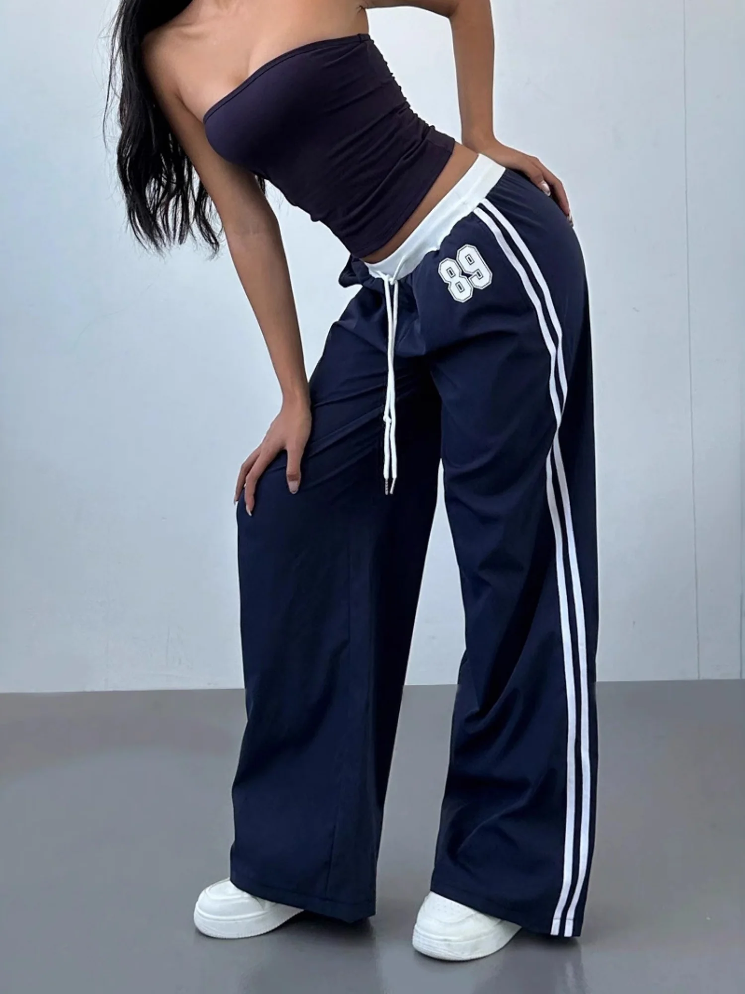 Striped Color Blocking Elastic Waistband Lace Up Pants - Image 4