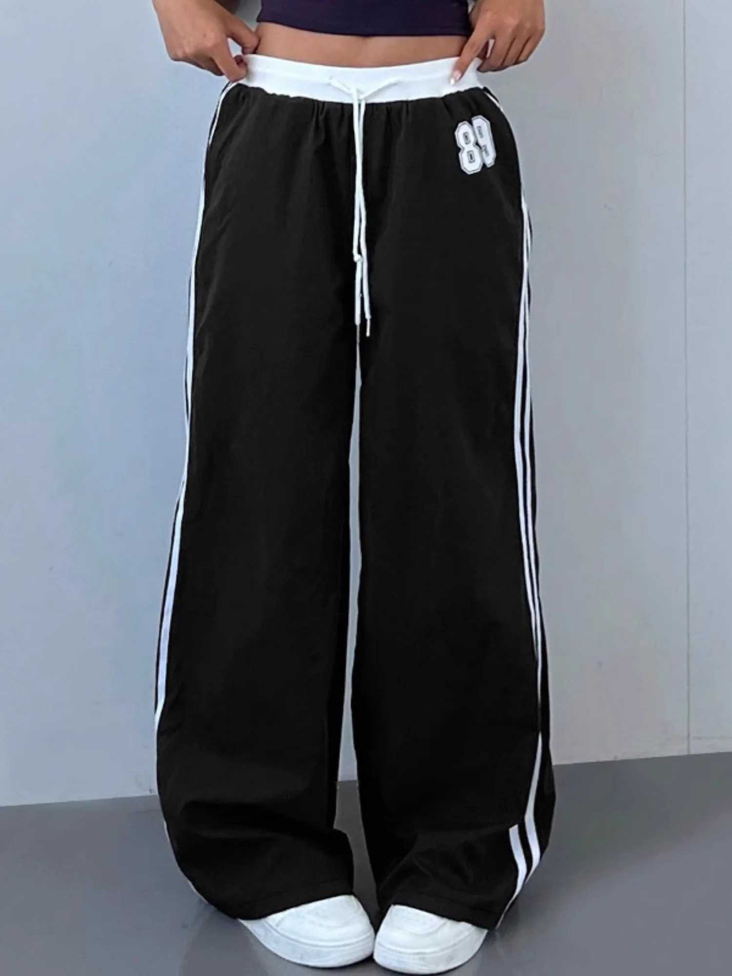 Striped Color Blocking Elastic Waistband Lace Up Pants - Image 5