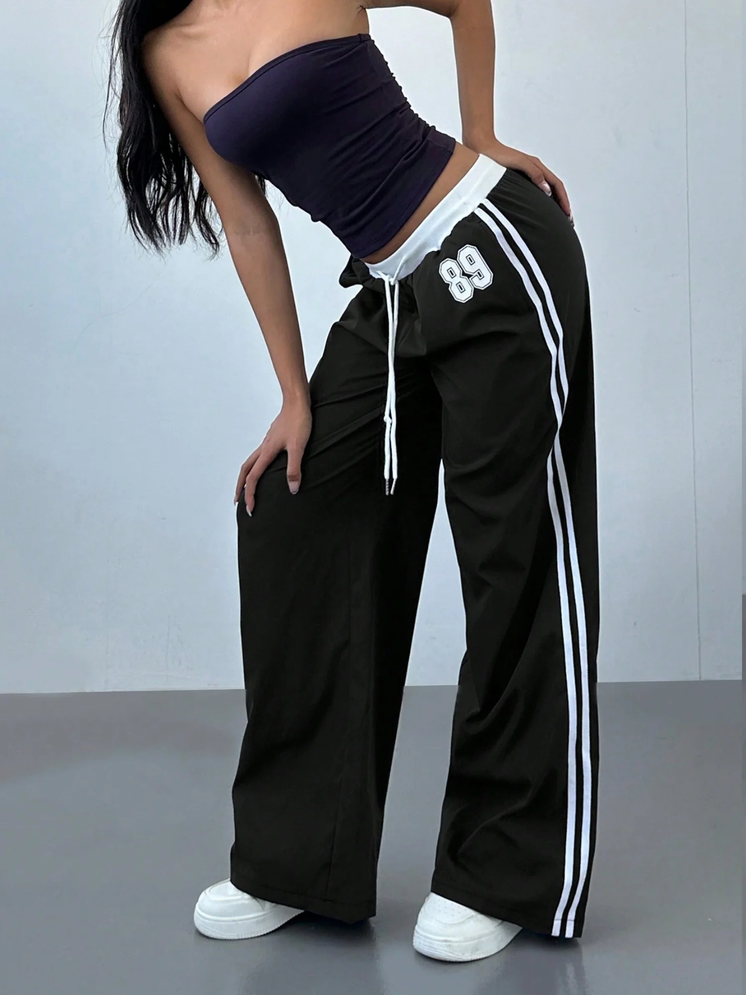 Striped Color Blocking Elastic Waistband Lace Up Pants - Image 6