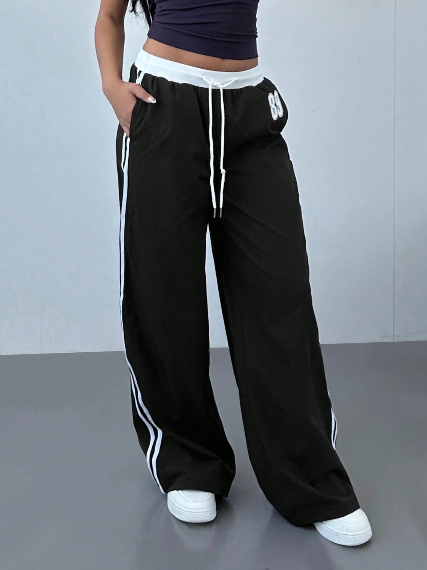 Striped Color Blocking Elastic Waistband Lace Up Pants - Image 7