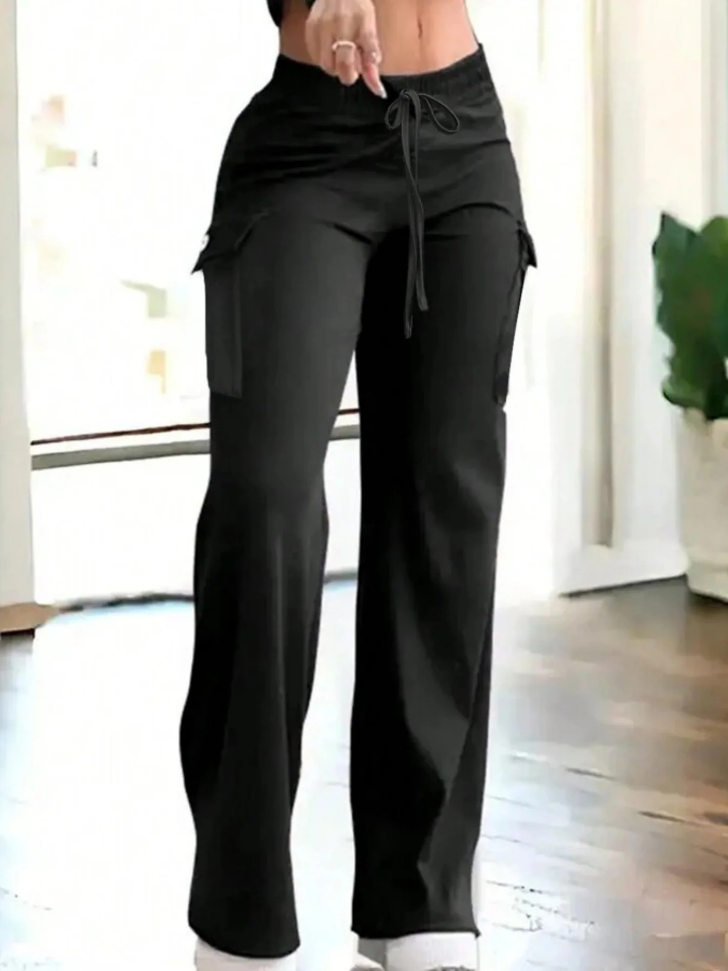 Camouflage Elastic Waistband Lace Up Pocket Cargo Trousers - Image 3