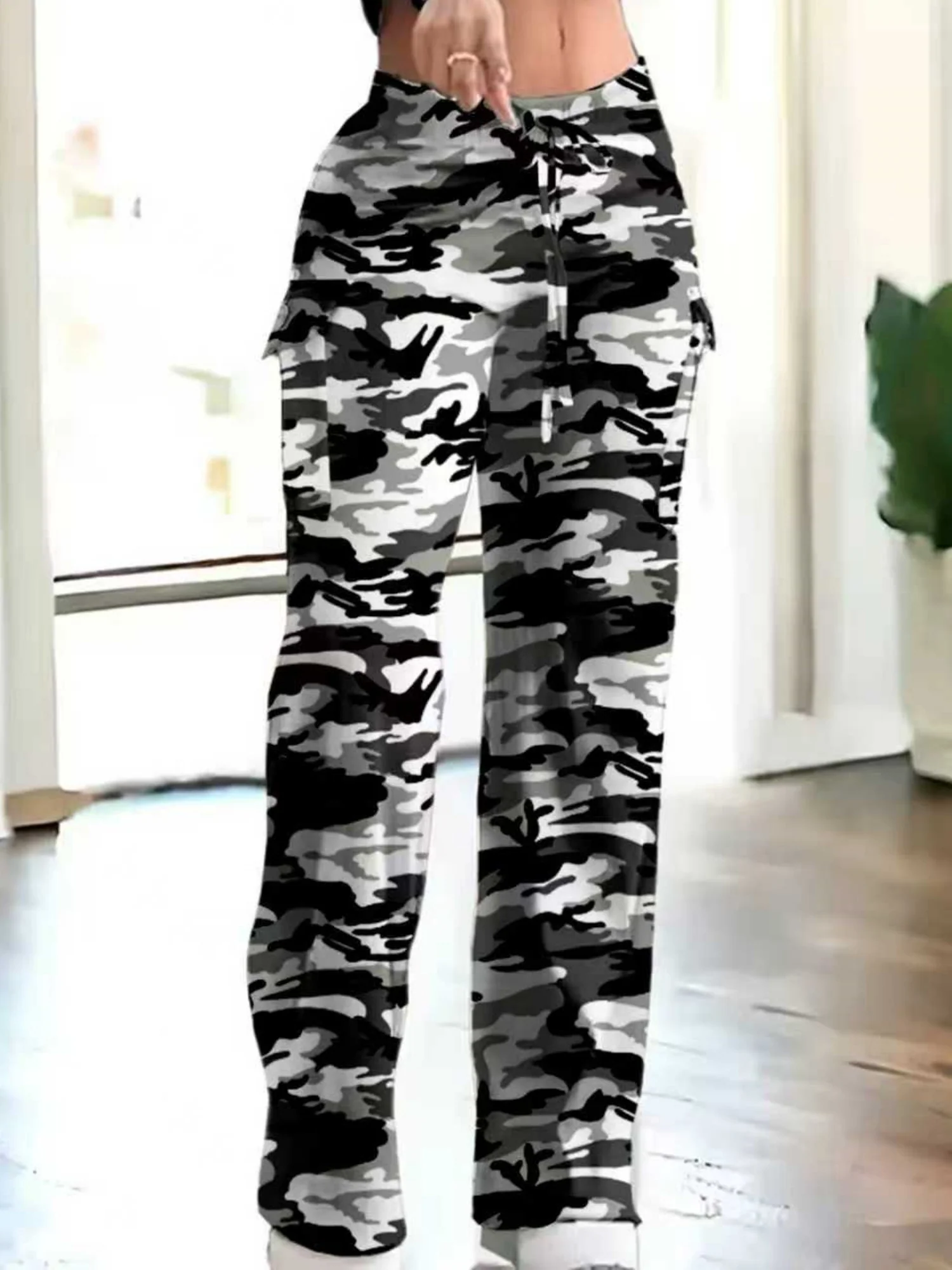 Camouflage Elastic Waistband Lace Up Pocket Cargo Trousers - Image 6