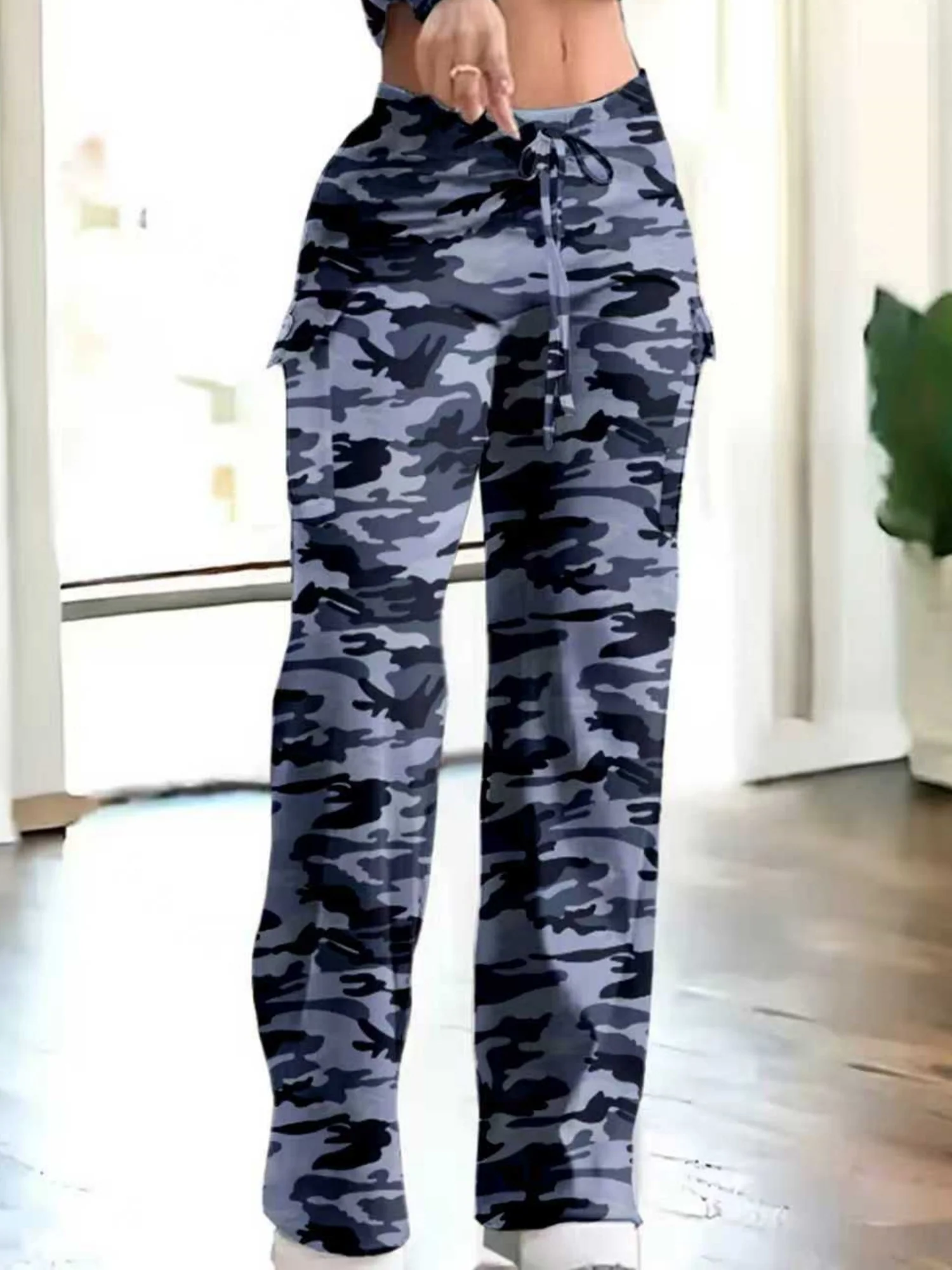 Camouflage Elastic Waistband Lace Up Pocket Cargo Trousers - Image 8
