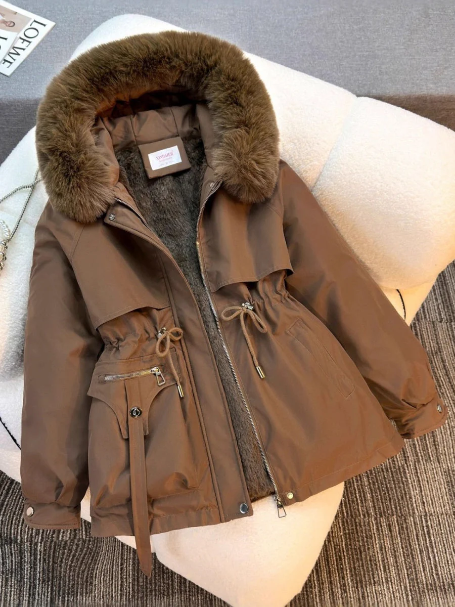 Parka With Fur Collar Drawstring Waist Pocket Casual Cotton-padded Jackets/down Jackets - Image 10
