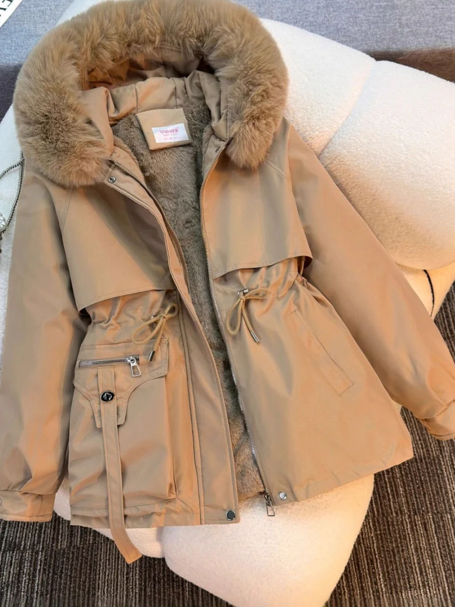 Parka With Fur Collar Drawstring Waist Pocket Casual Cotton-padded Jackets/down Jackets - Image 11