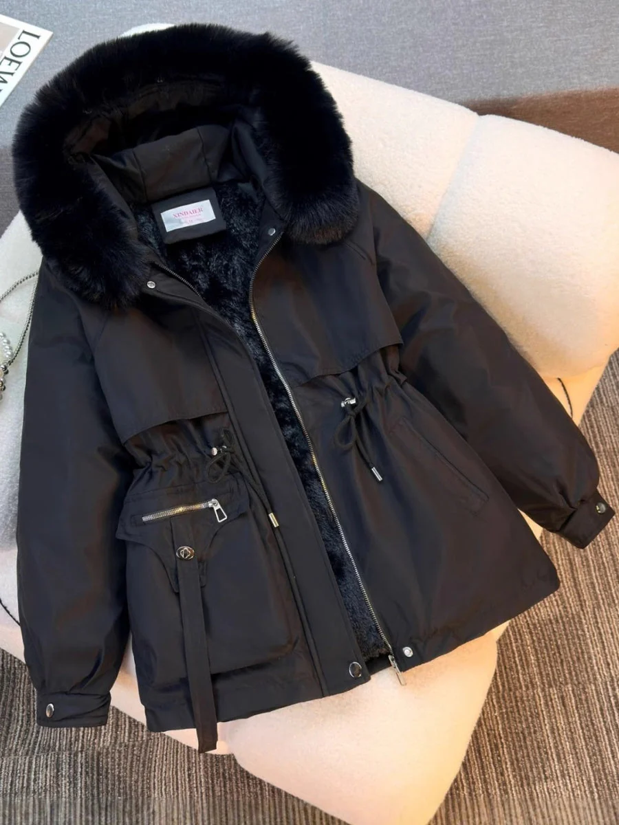 Parka With Fur Collar Drawstring Waist Pocket Casual Cotton-padded Jackets/down Jackets - Image 12