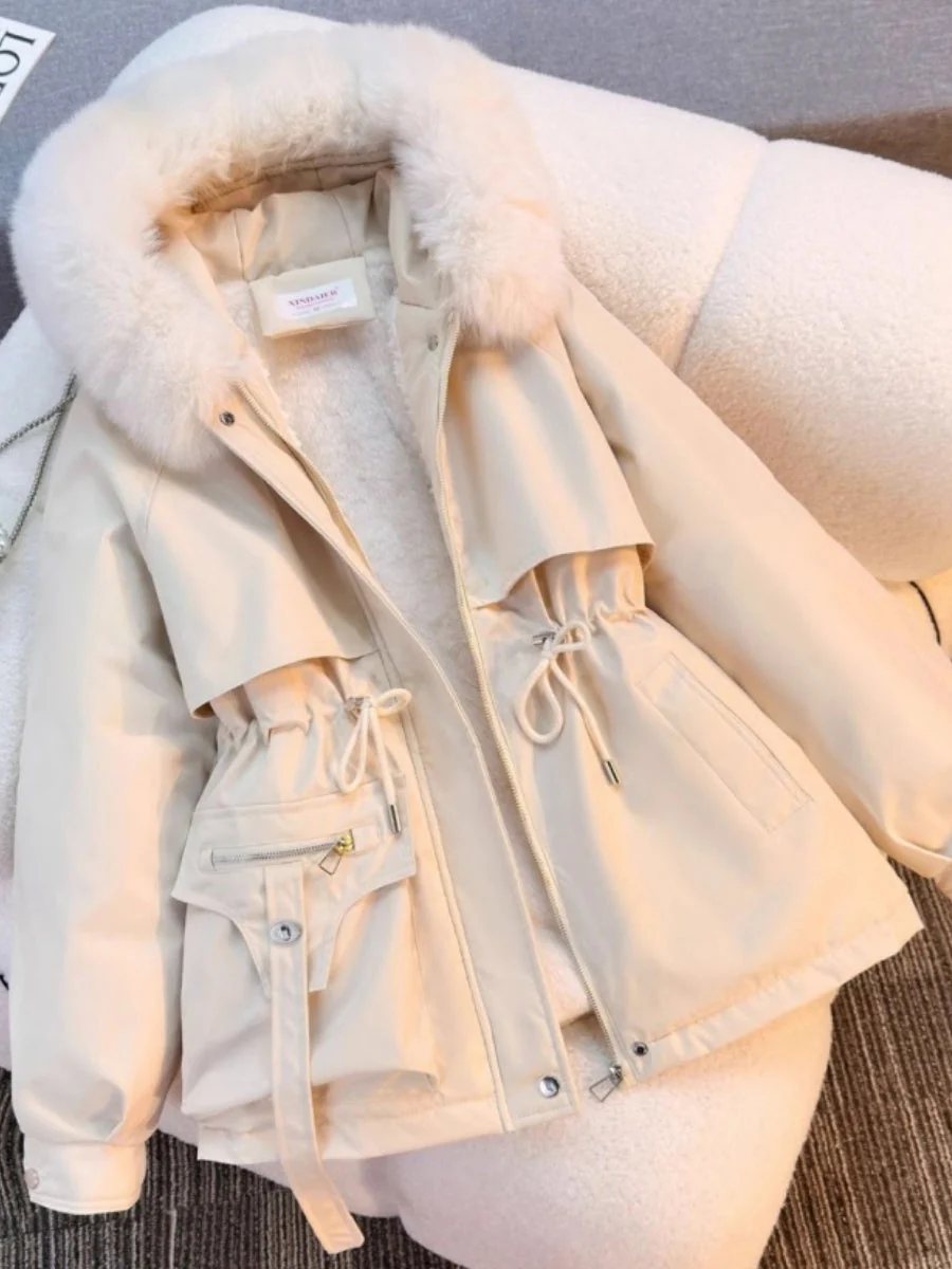Parka With Fur Collar Drawstring Waist Pocket Casual Cotton-padded Jackets/down Jackets - Image 2
