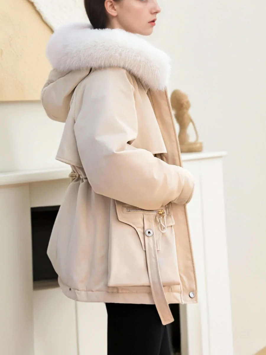 Parka With Fur Collar Drawstring Waist Pocket Casual Cotton-padded Jackets/down Jackets - Image 3