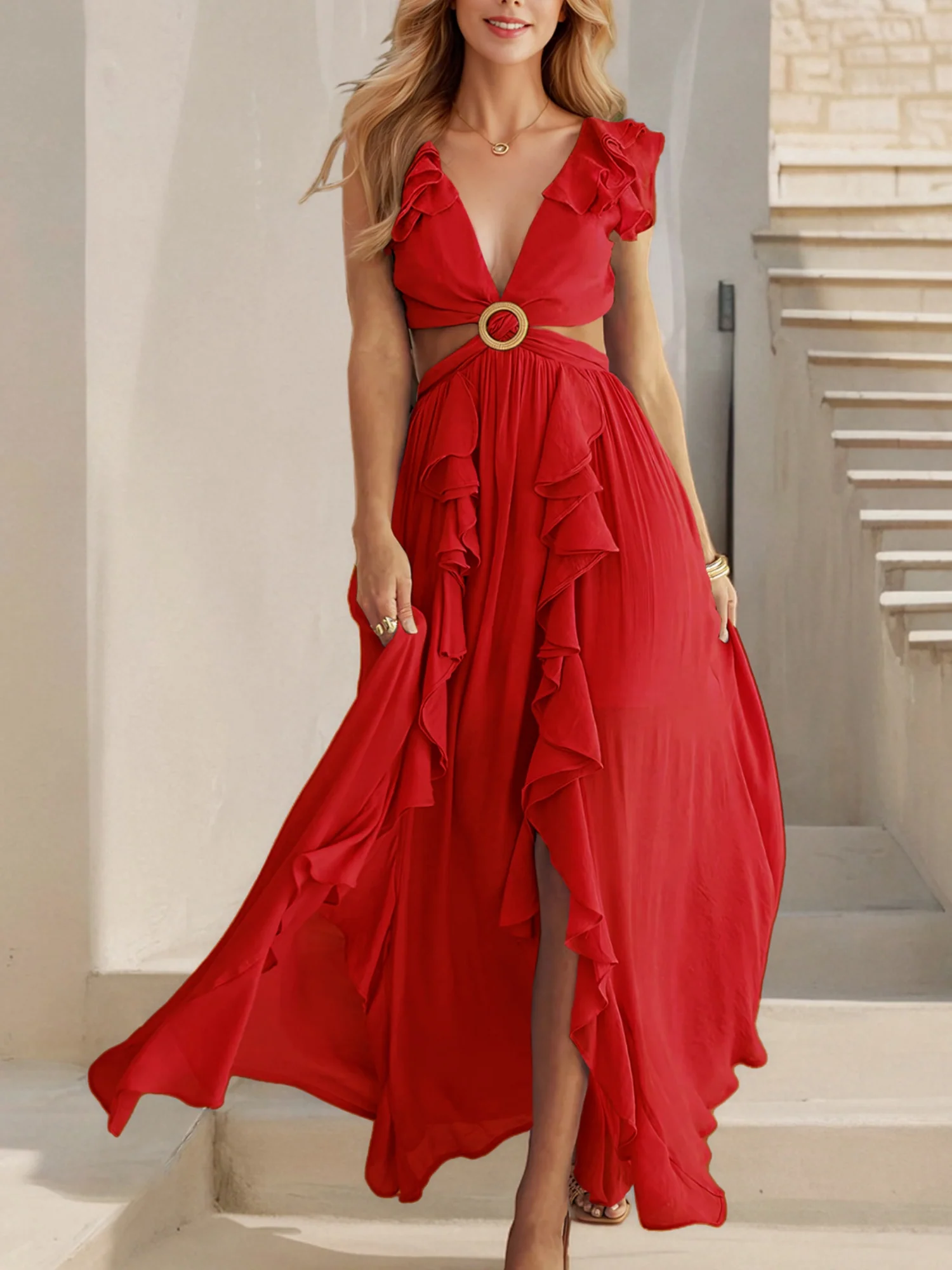 V-neck With Ruffles Backless And Waistless Hollowed-out Slit Back Strap Maxi Dresses - Image 7