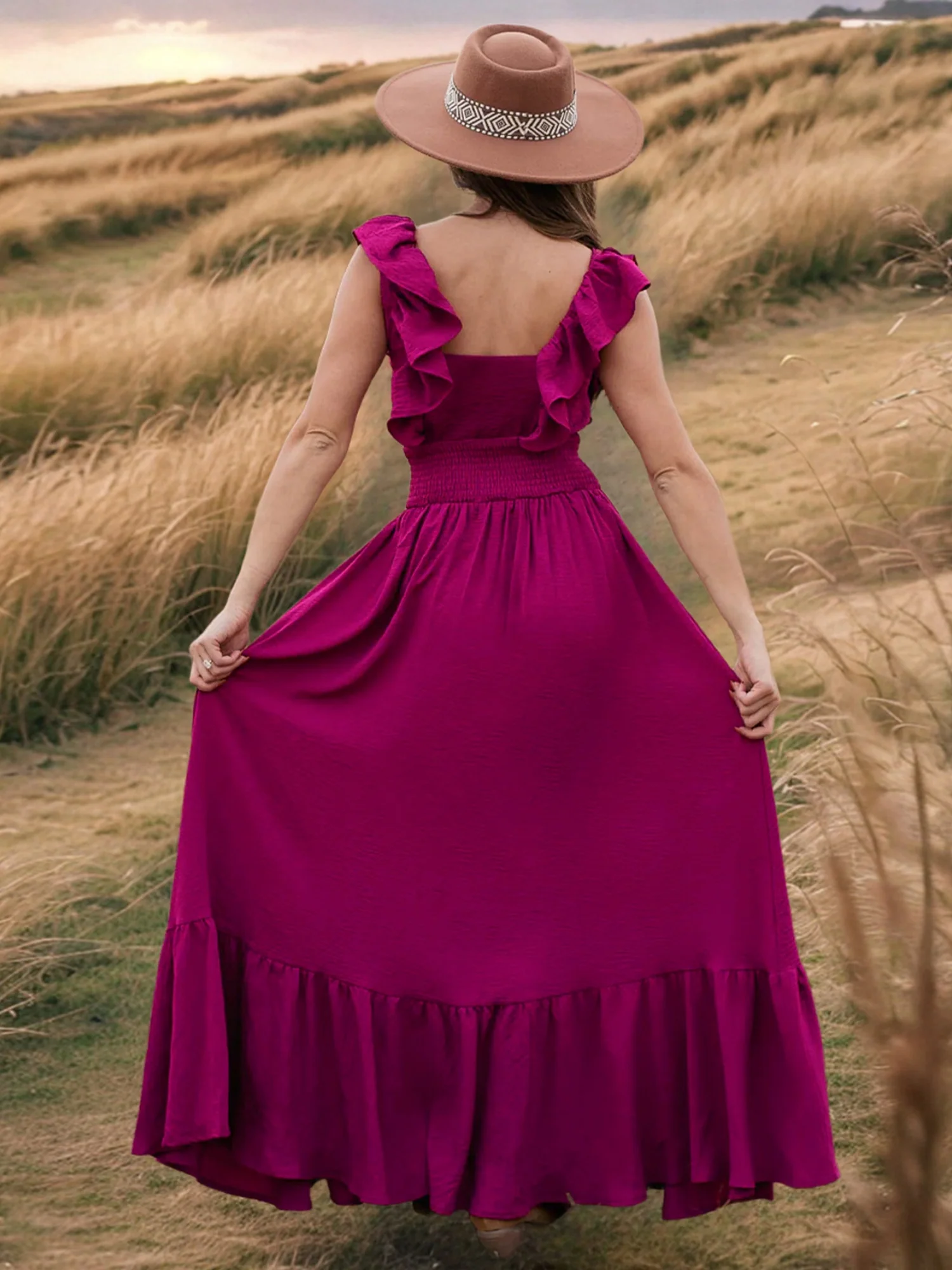 Ruffle Off-shoulder Neckline Waist Shaping Vacation Style Maxi Dresses - Image 2