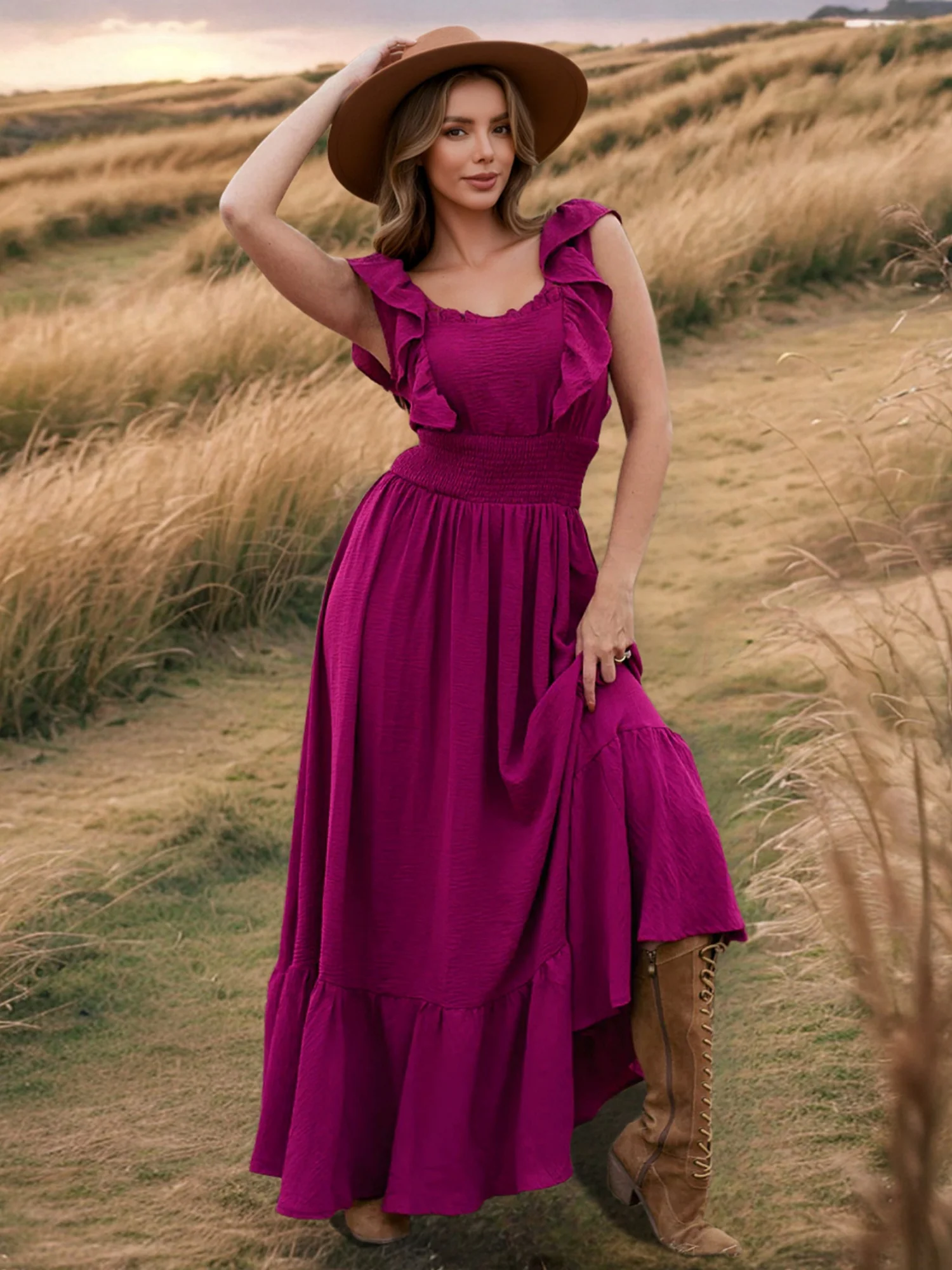 Ruffle Off-shoulder Neckline Waist Shaping Vacation Style Maxi Dresses - Image 3