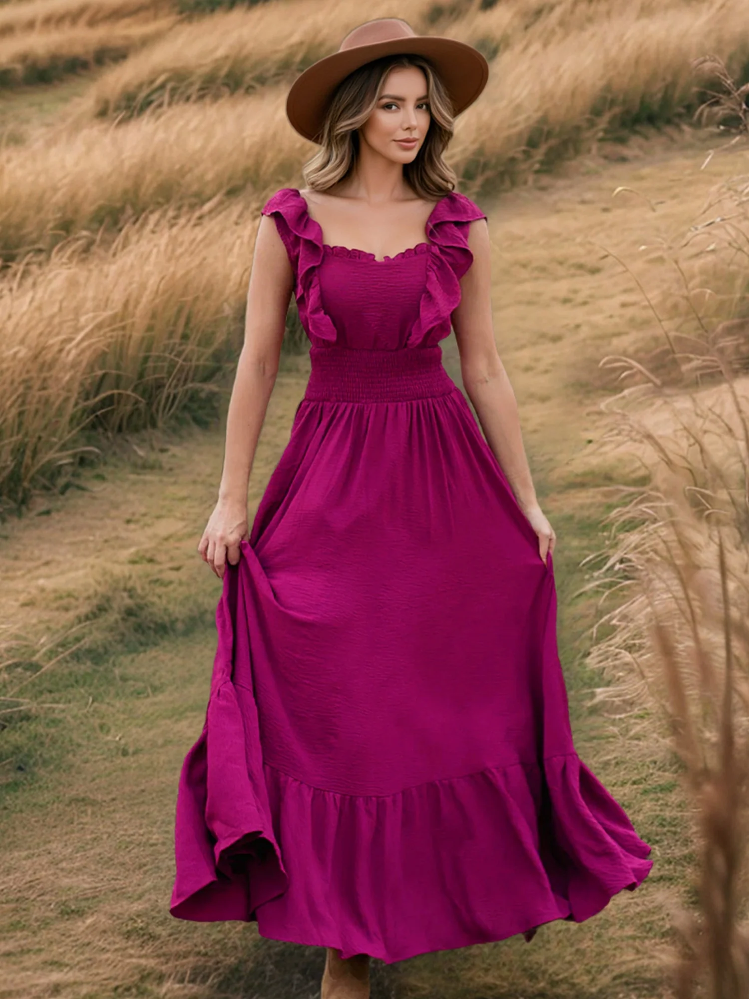 Ruffle Off-shoulder Neckline Waist Shaping Vacation Style Maxi Dresses - Image 4
