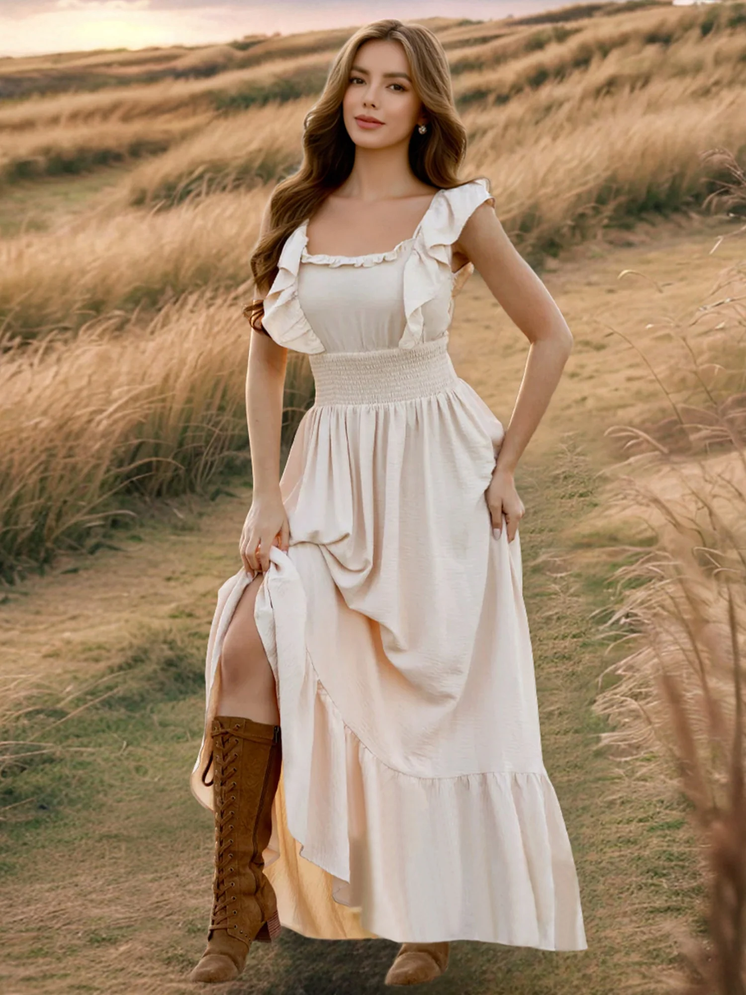 Ruffle Off-shoulder Neckline Waist Shaping Vacation Style Maxi Dresses - Image 5
