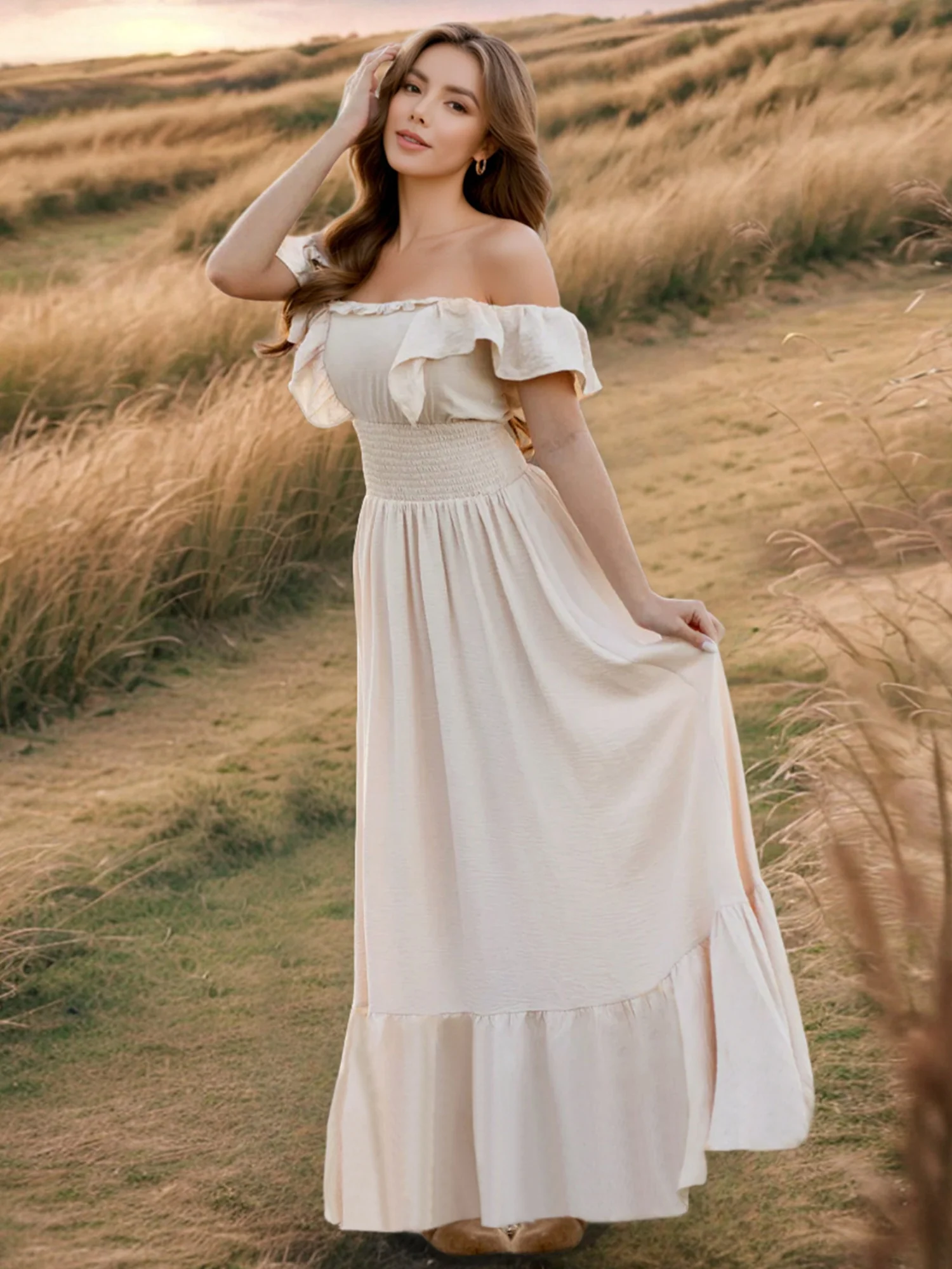 Ruffle Off-shoulder Neckline Waist Shaping Vacation Style Maxi Dresses - Image 6