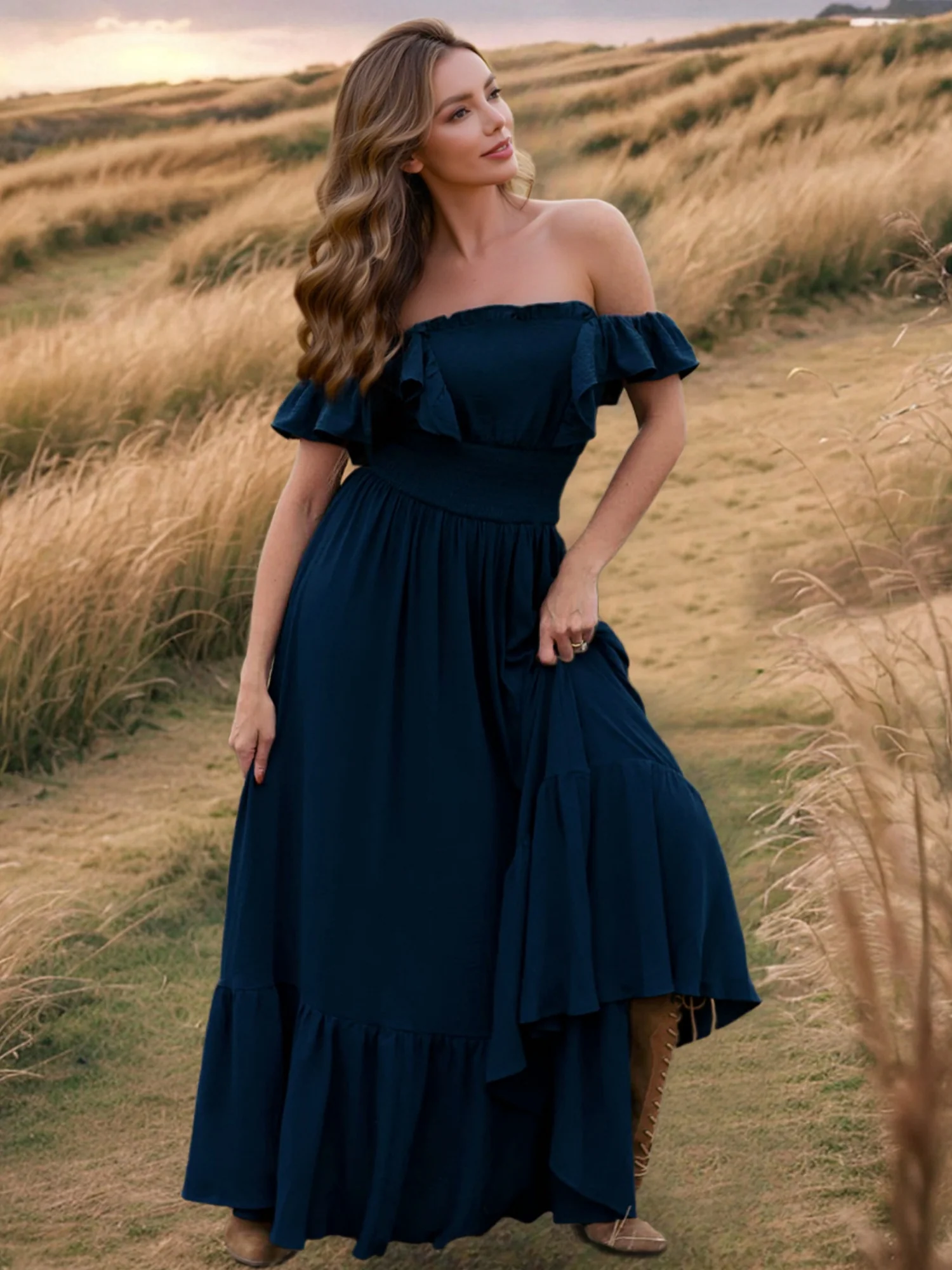 Ruffle Off-shoulder Neckline Waist Shaping Vacation Style Maxi Dresses - Image 7