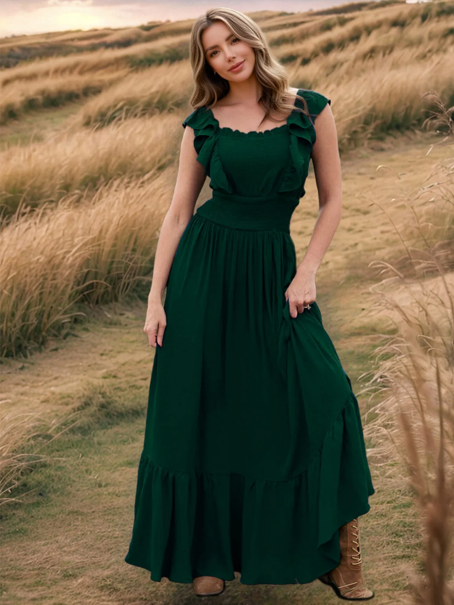 Ruffle Off-shoulder Neckline Waist Shaping Vacation Style Maxi Dresses - Image 8