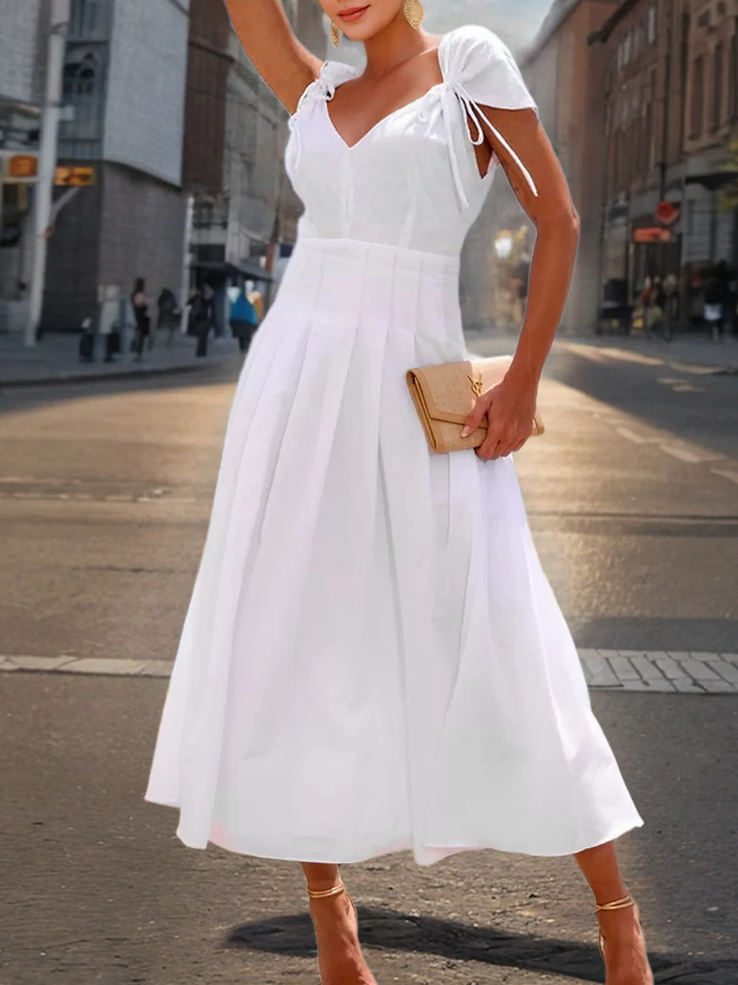 V-neck Tie Waist-cinching Pleats Maxi Dresses - Image 6