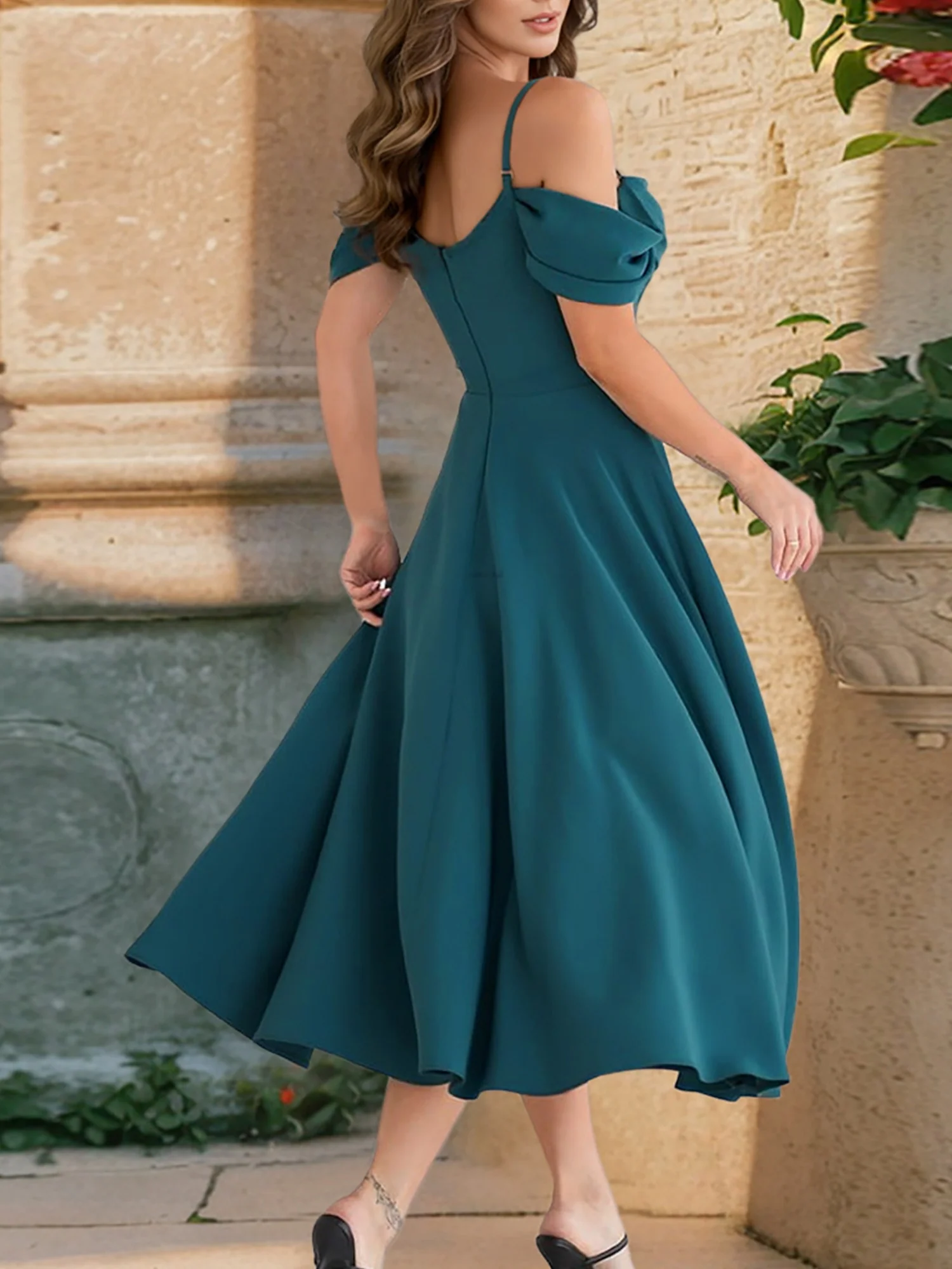 Ruffled Off-shoulder Spaghetti Strap Waist Maxi Dresses - Image 4