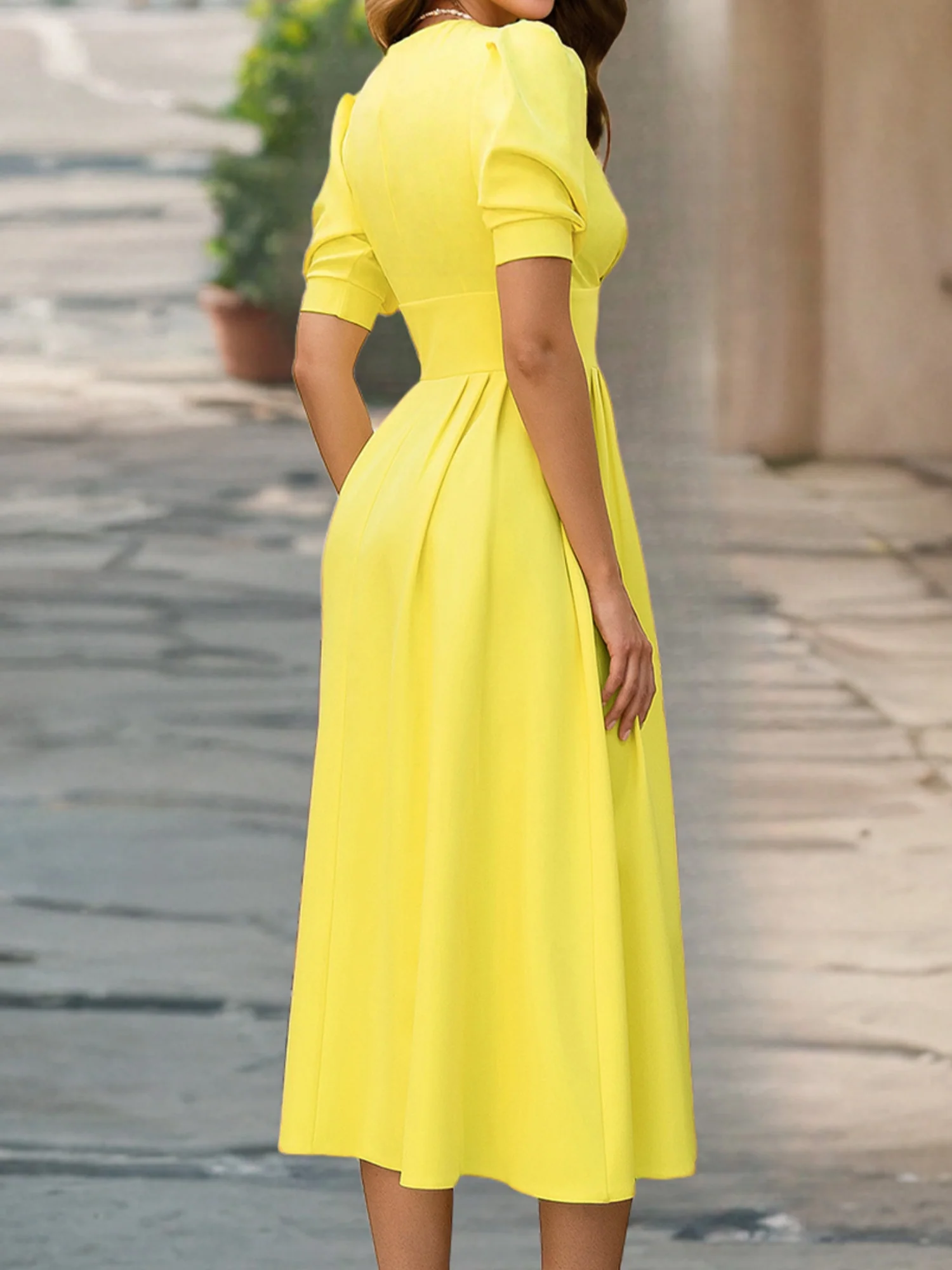 V-neck Lantern Sleeves Pleated Waist Maxi Dresses - Image 2