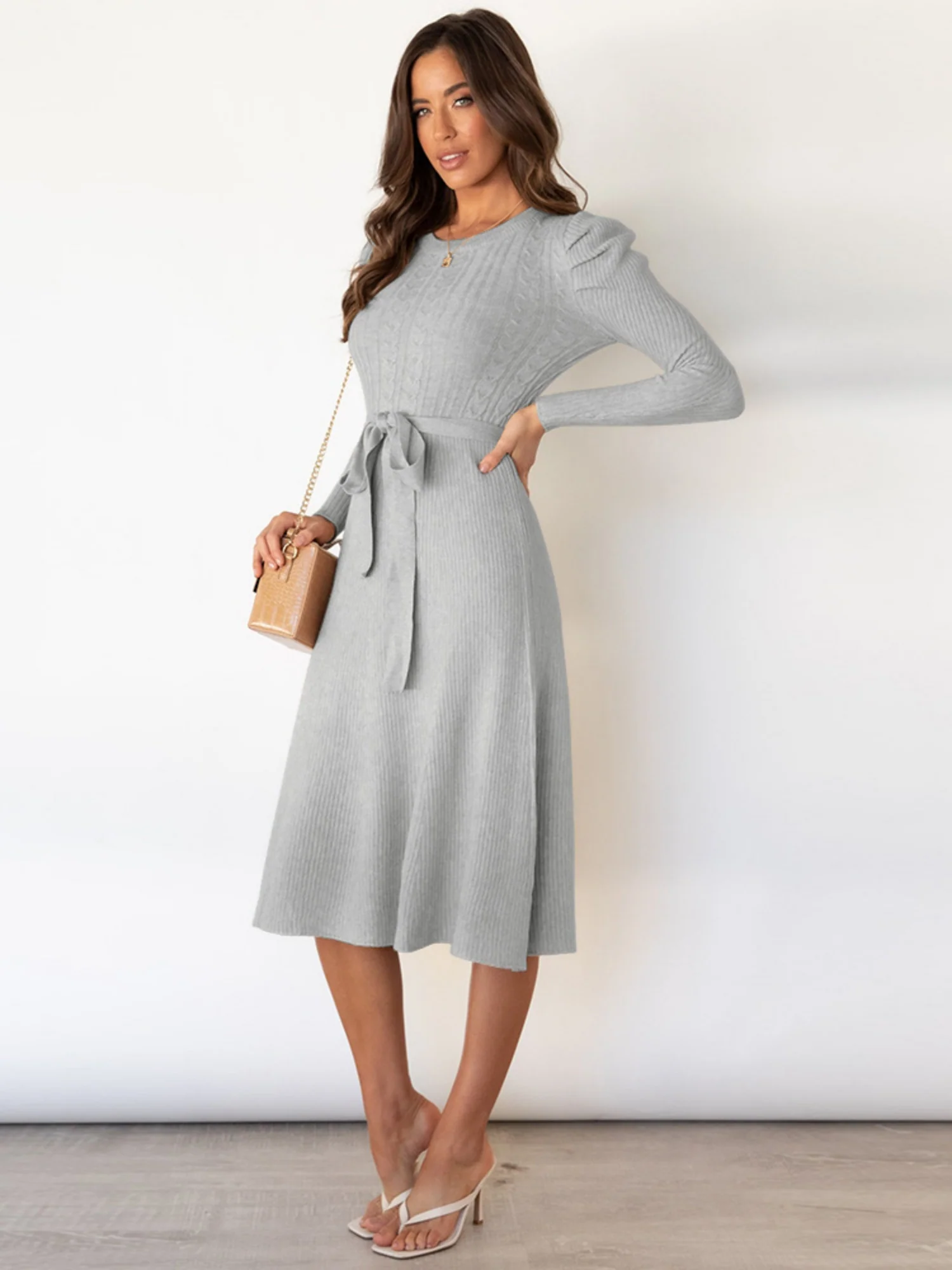 Puff Sleeves Knitted Skirt High-waisted Full Skirt Maxi Dresses - Image 10