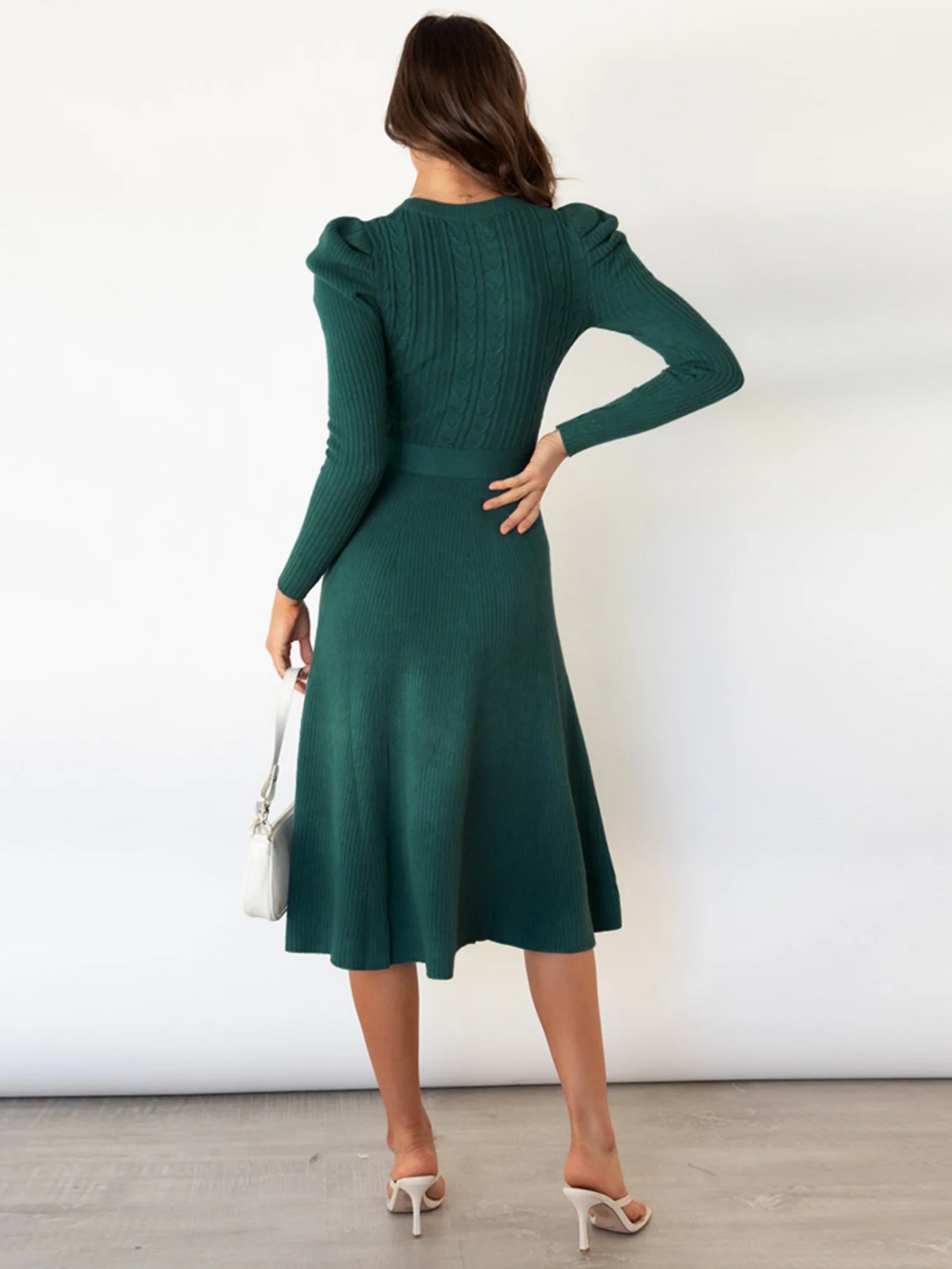 Puff Sleeves Knitted Skirt High-waisted Full Skirt Maxi Dresses - Image 12