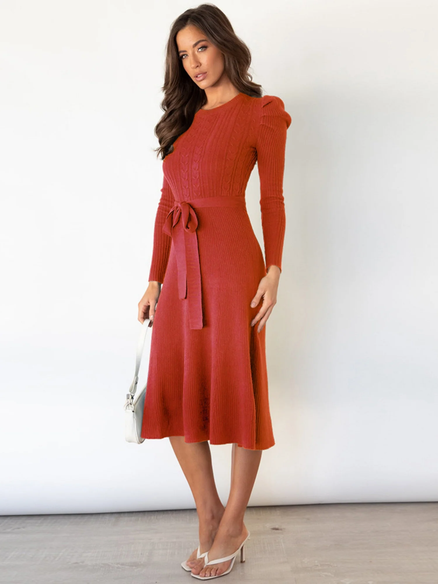 Puff Sleeves Knitted Skirt High-waisted Full Skirt Maxi Dresses - Image 3